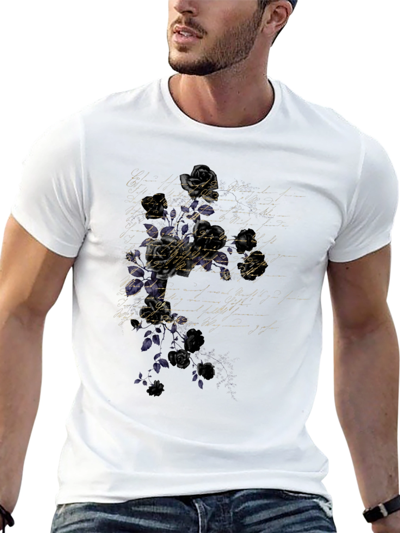 Floral Script Mens Black T-Shirt