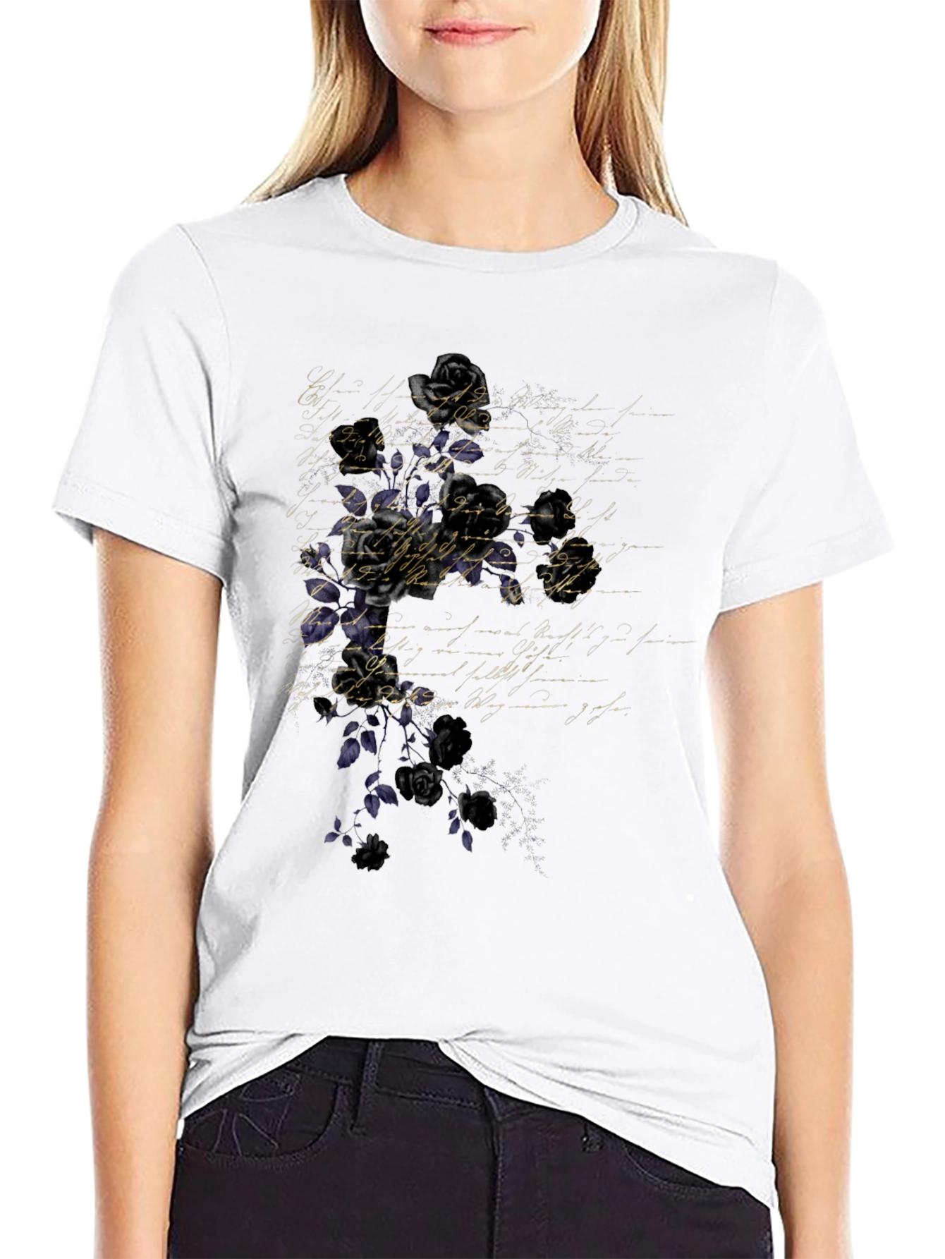 Floral Script Mens Black T-Shirt