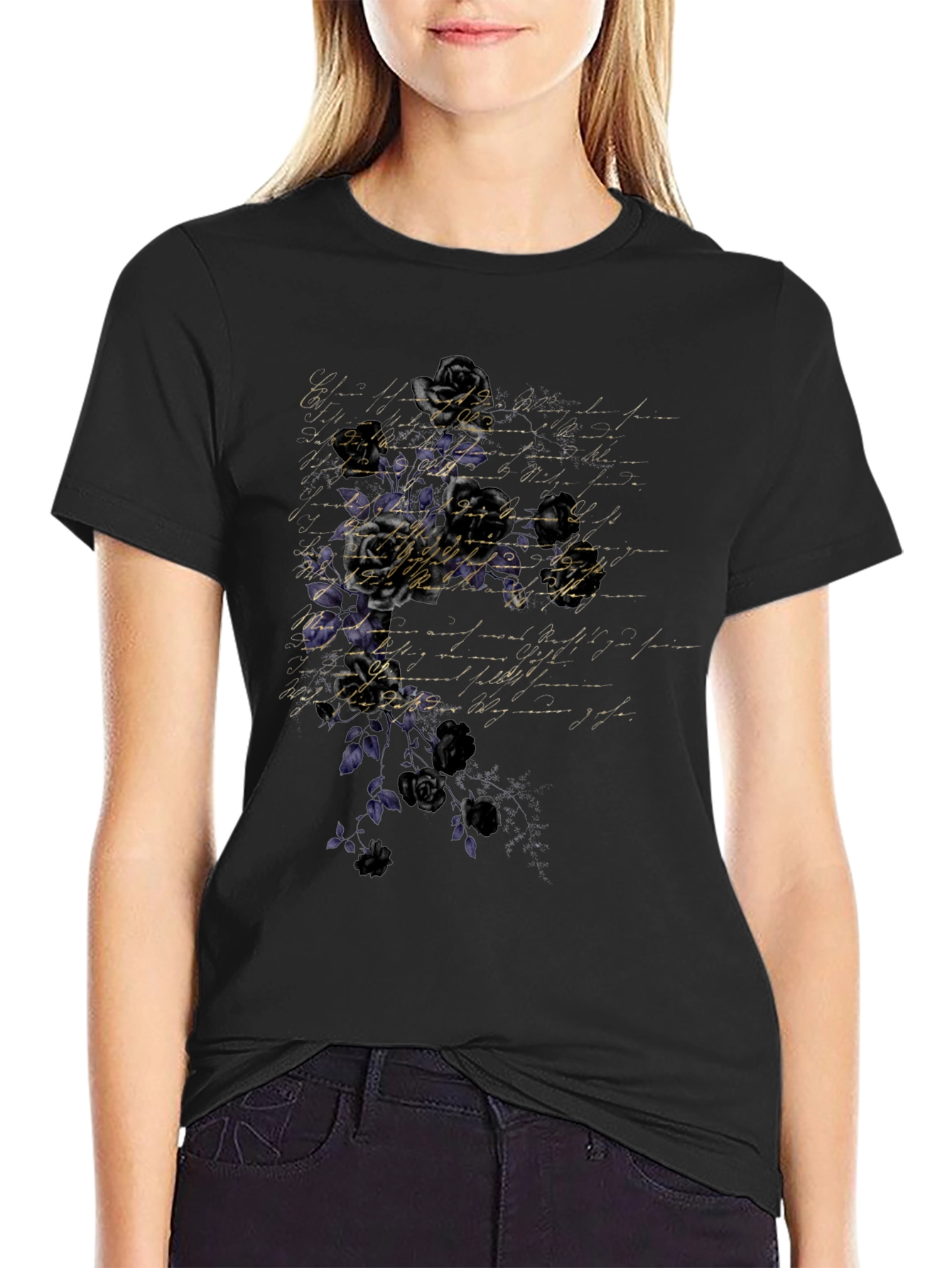 Floral Script Mens Black T-Shirt