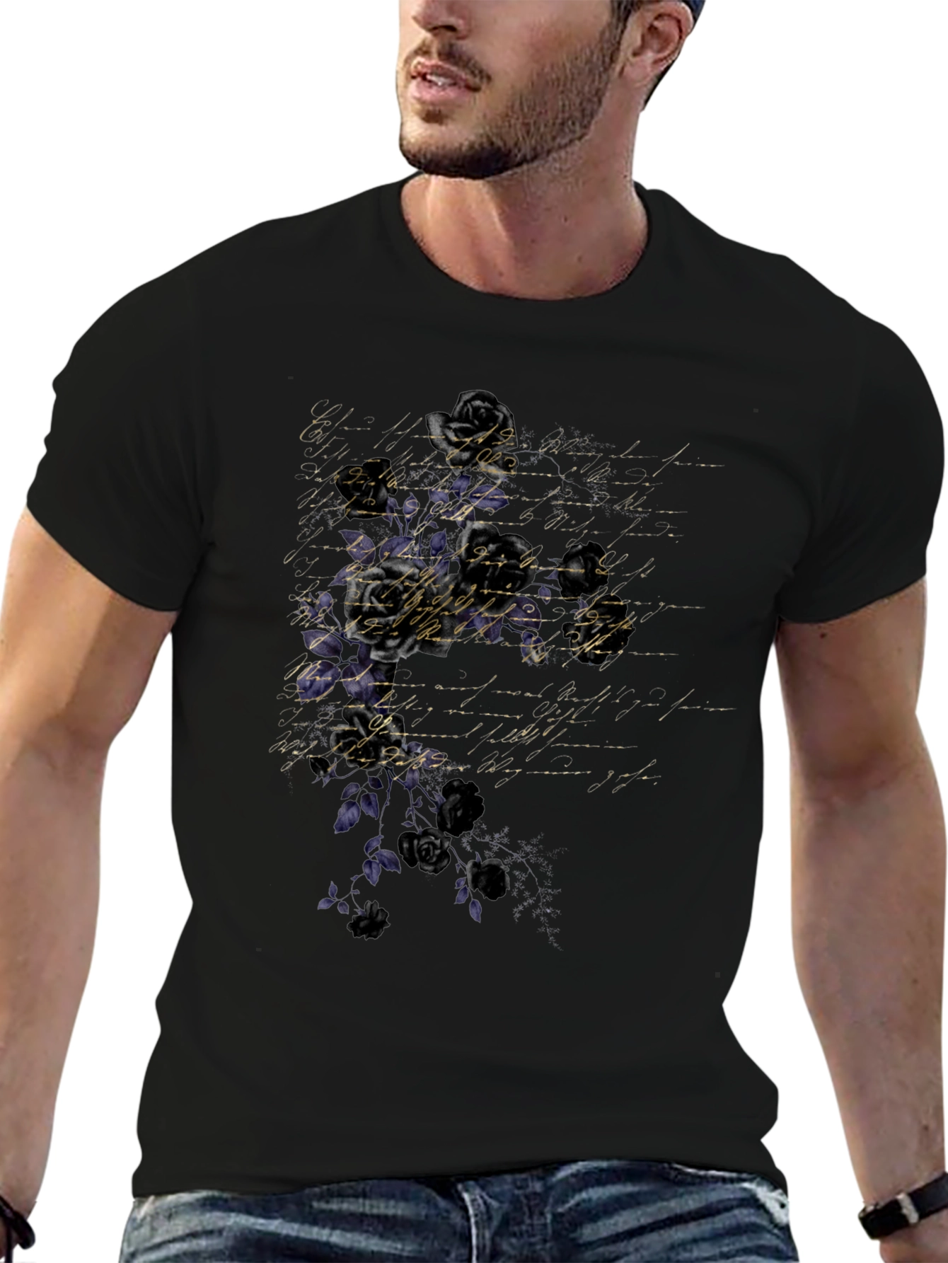 Floral Script Mens Black T-Shirt