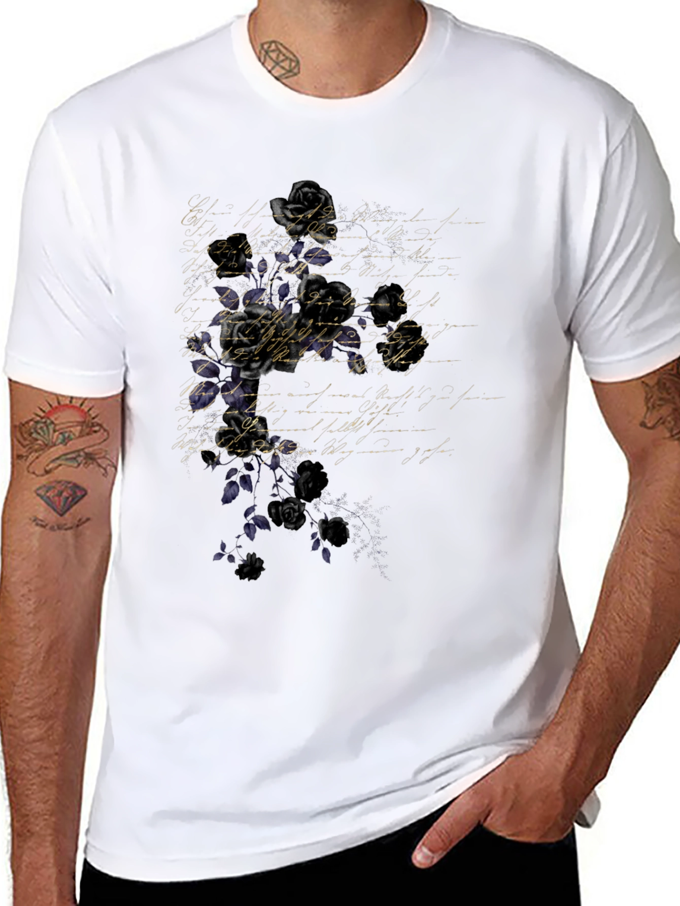 Floral Script Mens Black T-Shirt