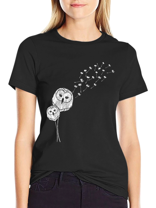 Owl Dandelion Wish T-Shirt - Black Cotton Blend Casual Tee