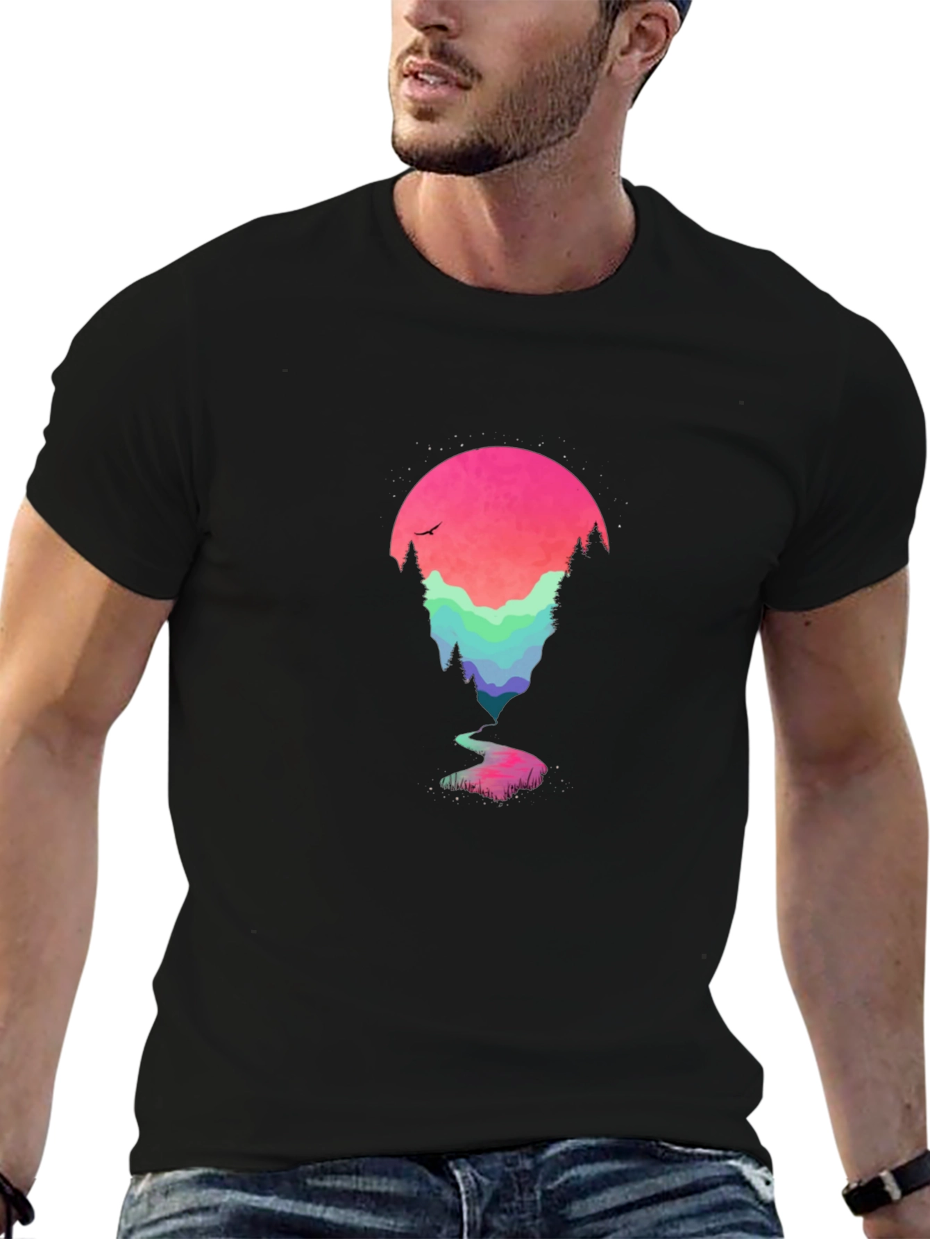 Nature Scene Graphic Tee - Black Cotton Blend