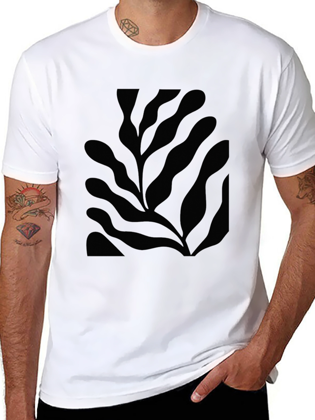 Abstract Leaf Print Black T-Shirt