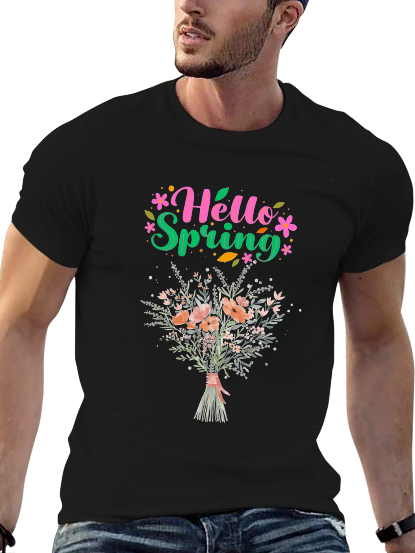 Hello Spring Floral Bouquet Graphic T-Shirt