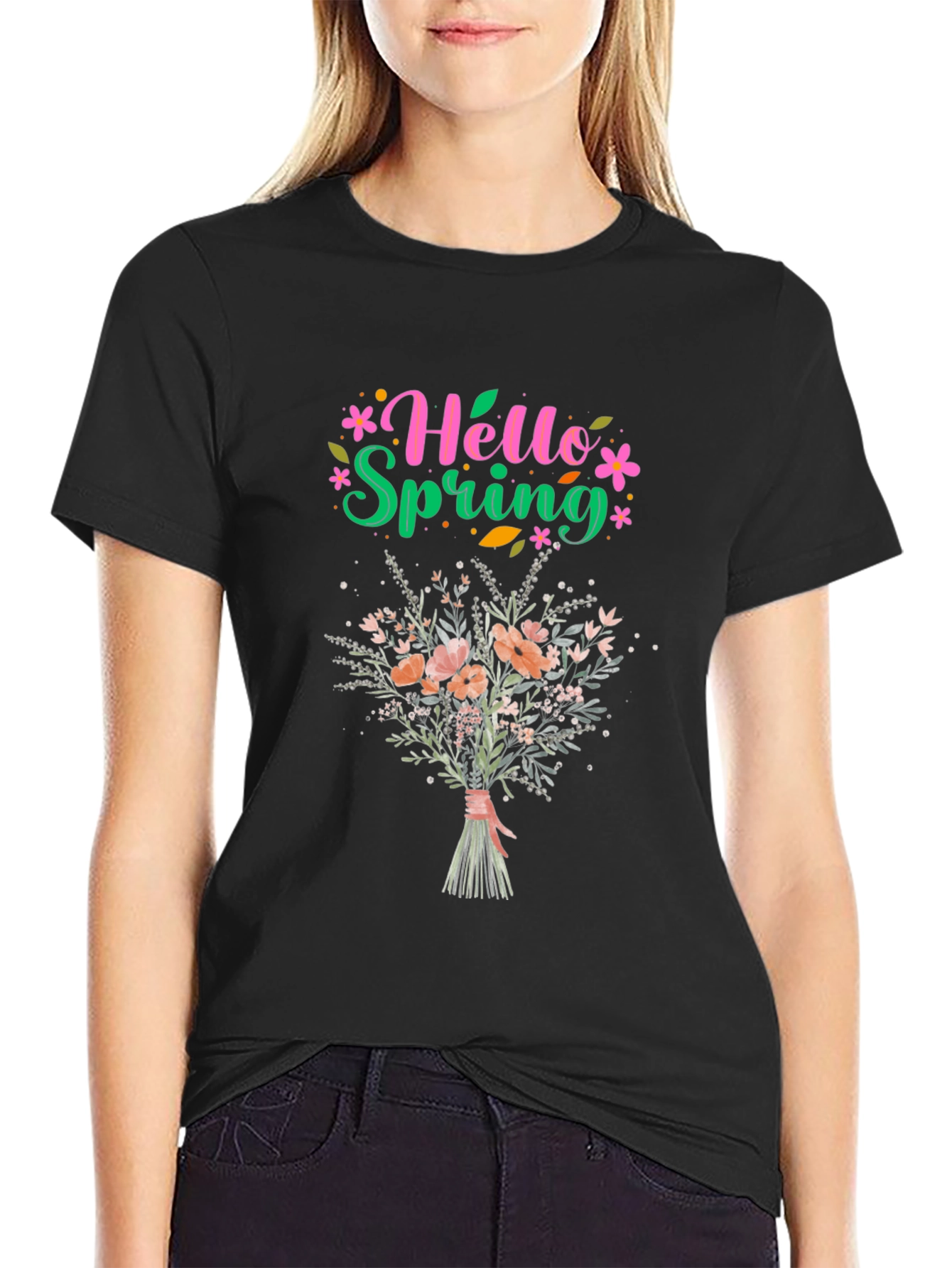 Hello Spring Floral Bouquet Graphic T-Shirt