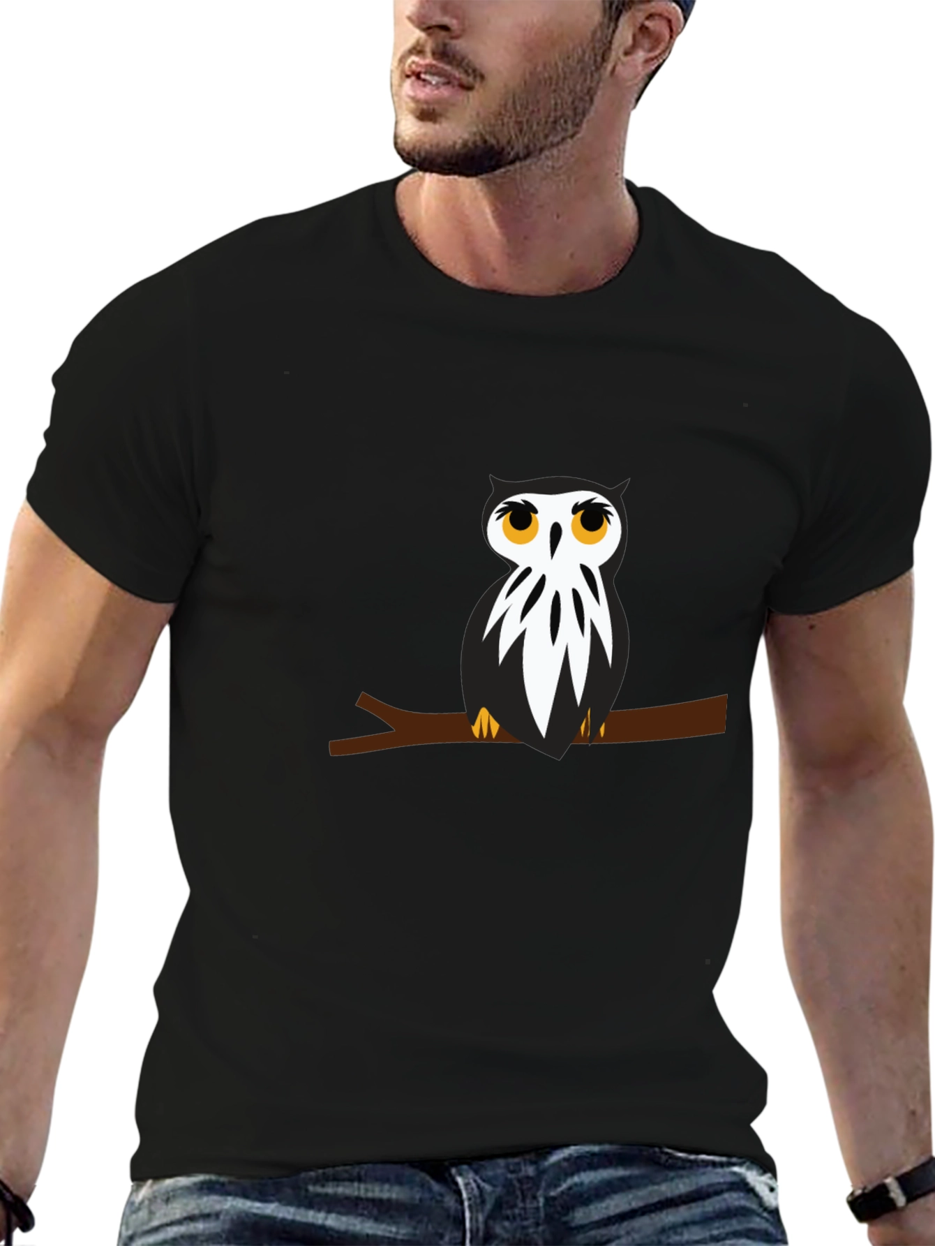 Black T-Shirt with Owl on Branch Graphic