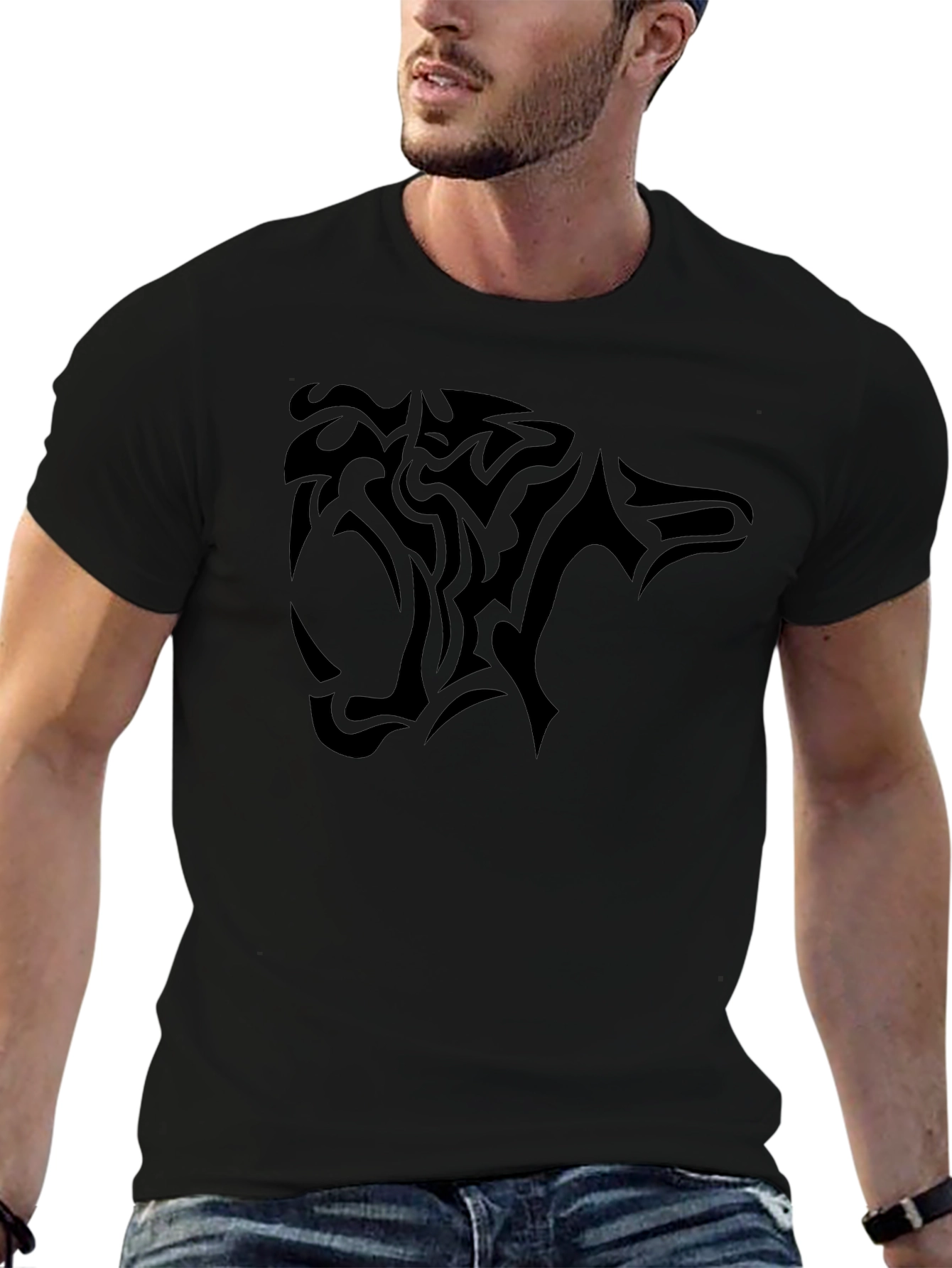 Mens Black T-Shirt with Tribal Panther Design