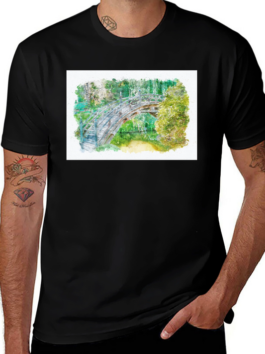 Watercolor Bridge Print Black Tee