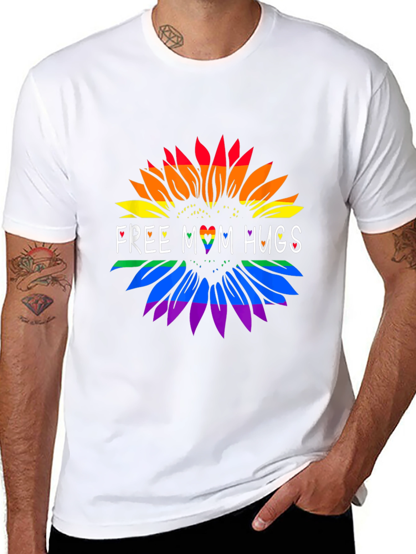 Rainbow Sunflower Free Mom Hugs Black Tee