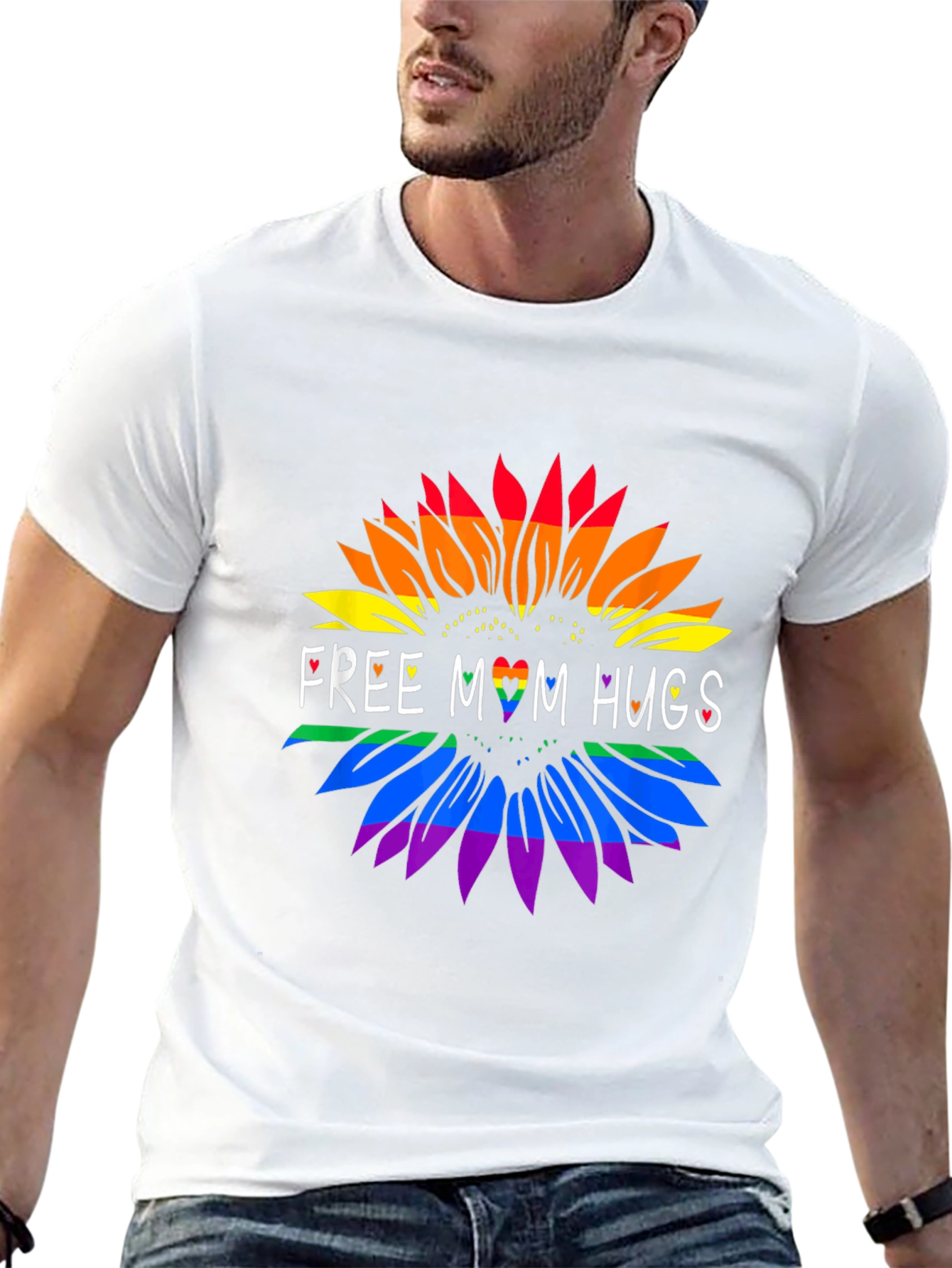 Rainbow Sunflower Free Mom Hugs Black Tee