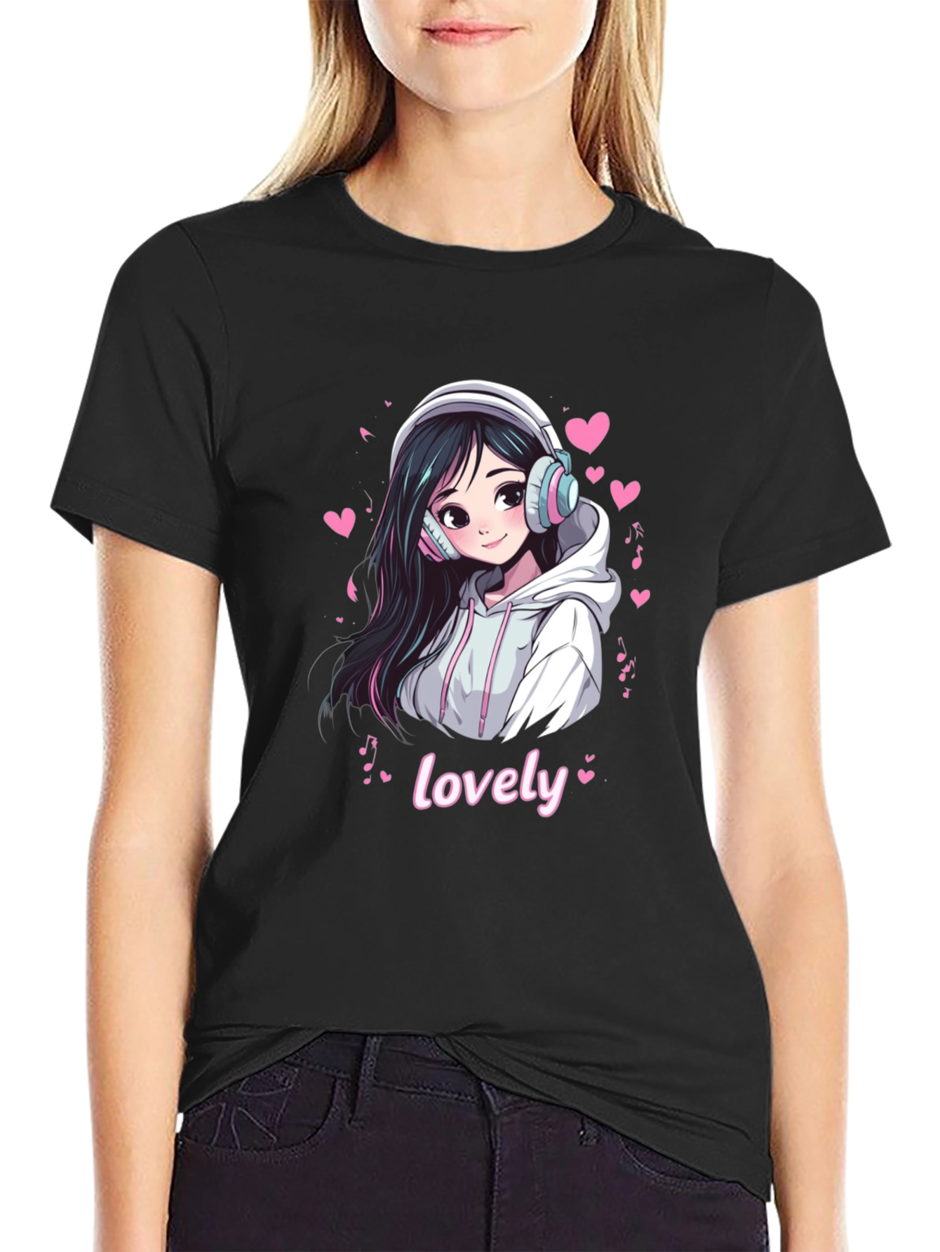 Anime Girl Lovely Graphic Black T-Shirt