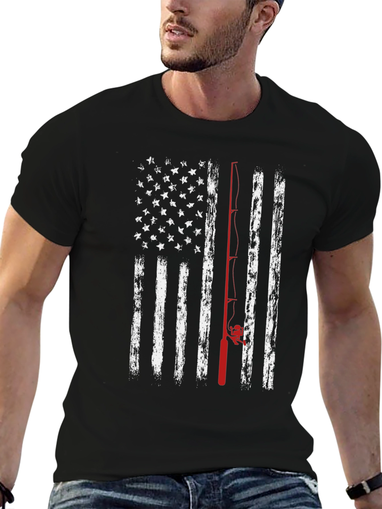 American Flag Fishing Rod Graphic T-Shirt