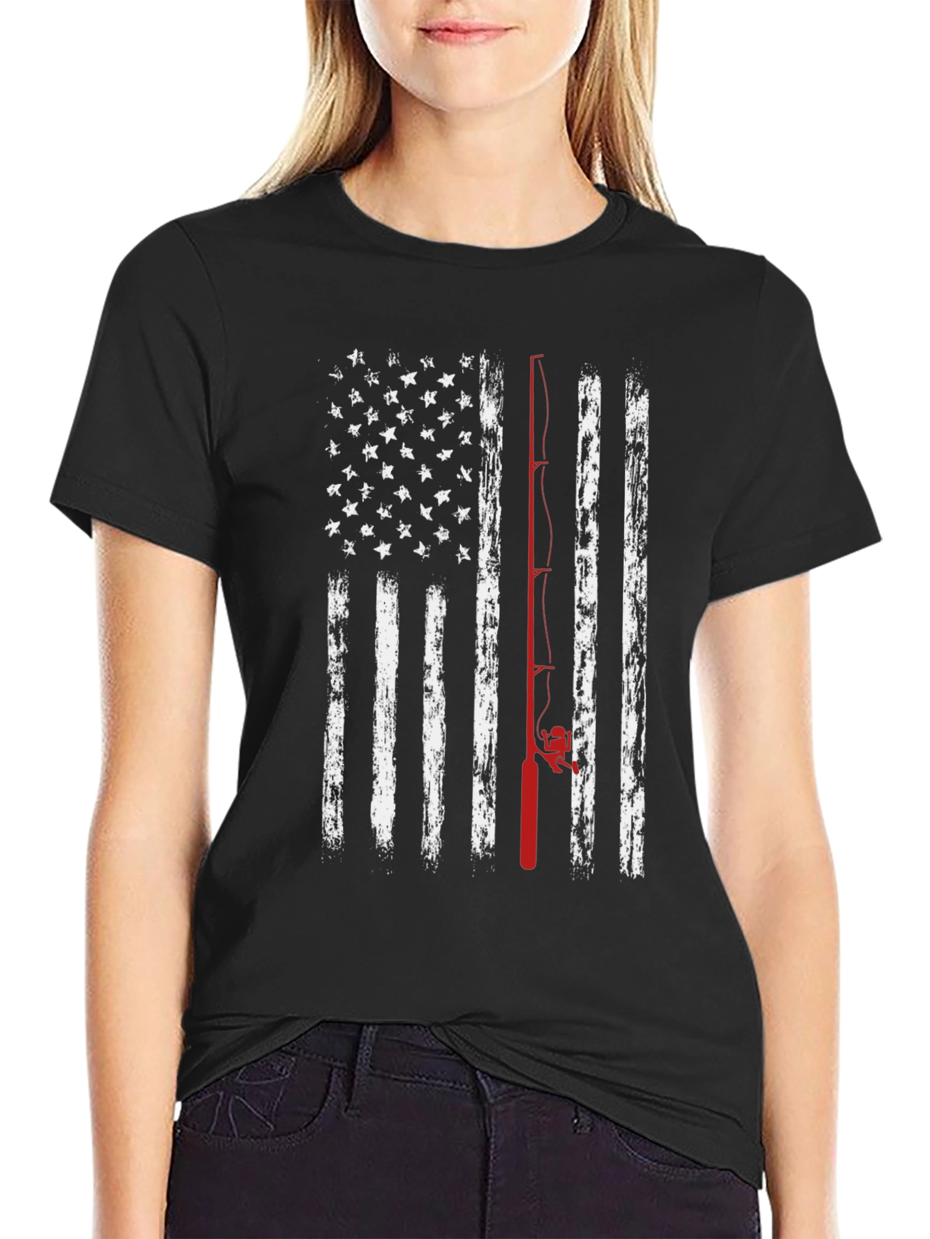 American Flag Fishing Rod Graphic T-Shirt