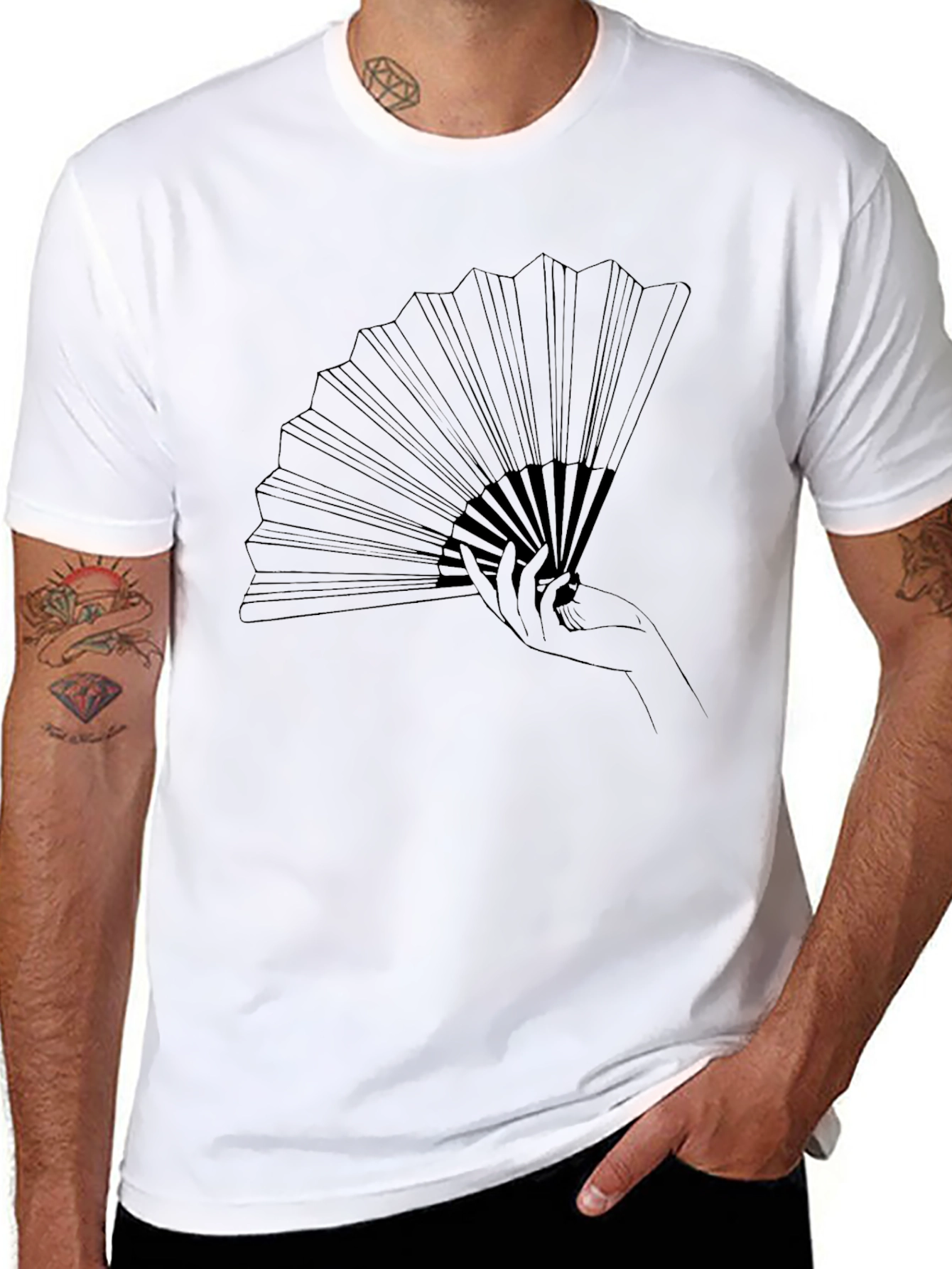 Elegant Hand Fan Graphic Tee - Stylish Black T-Shirt