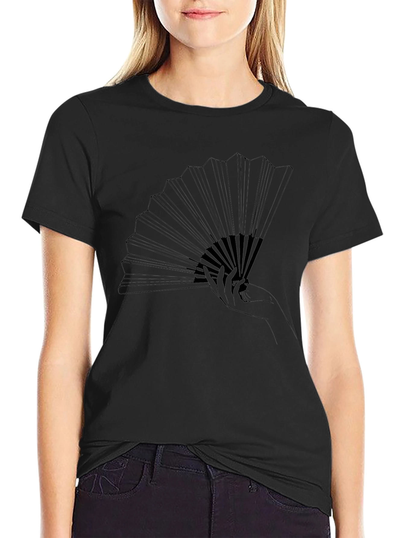 Elegant Hand Fan Graphic Tee - Stylish Black T-Shirt