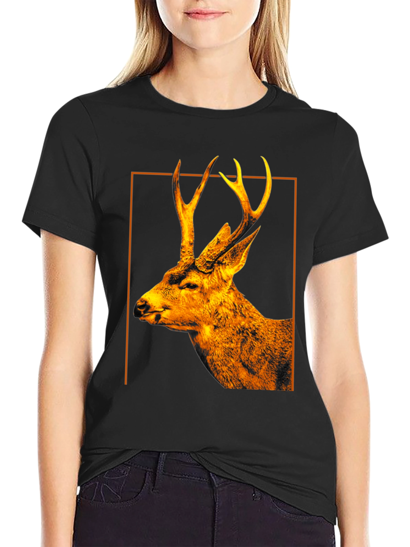 Deer Graphic Print Black Crew Neck T-Shirt