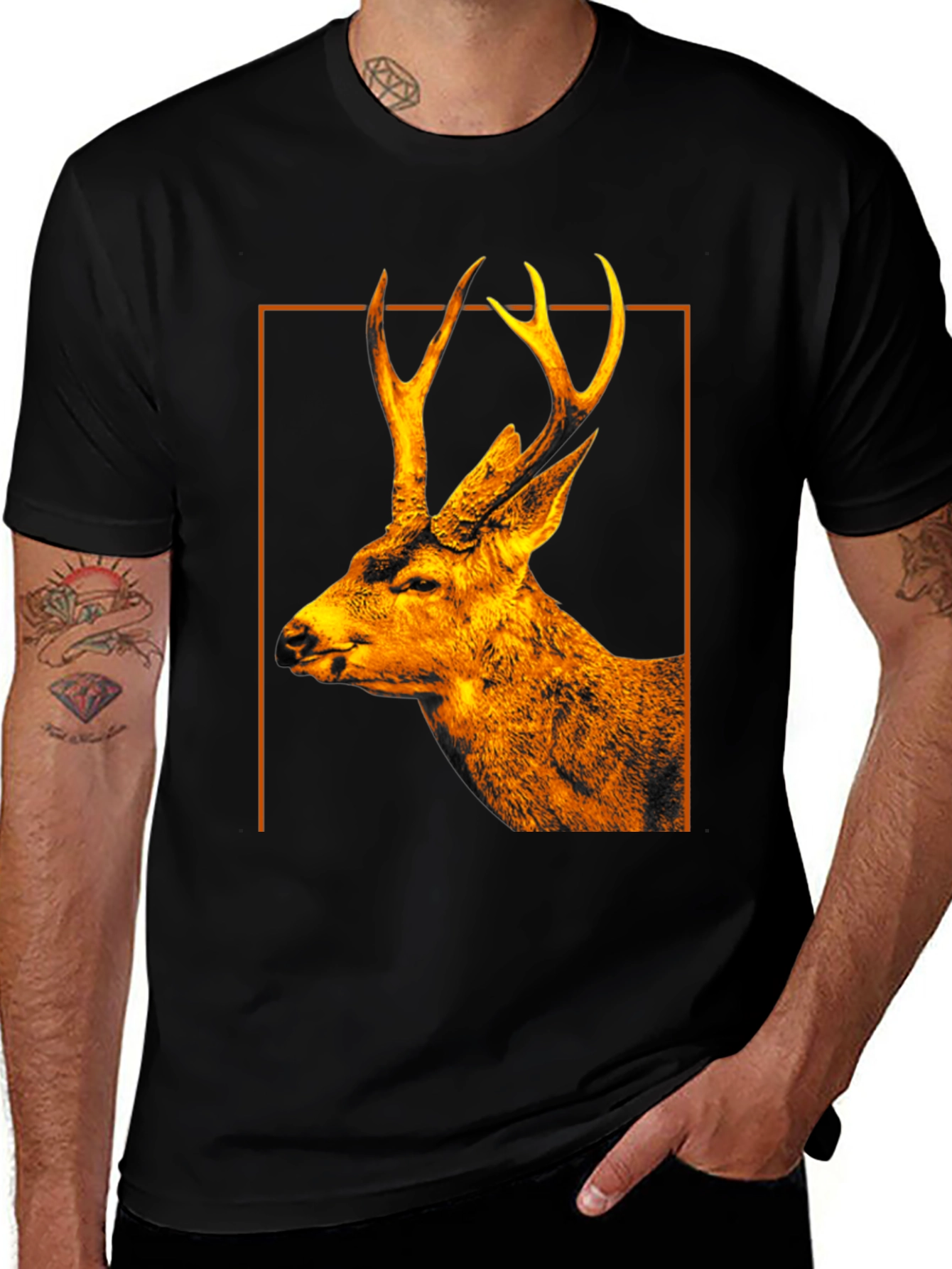 Deer Graphic Print Black Crew Neck T-Shirt