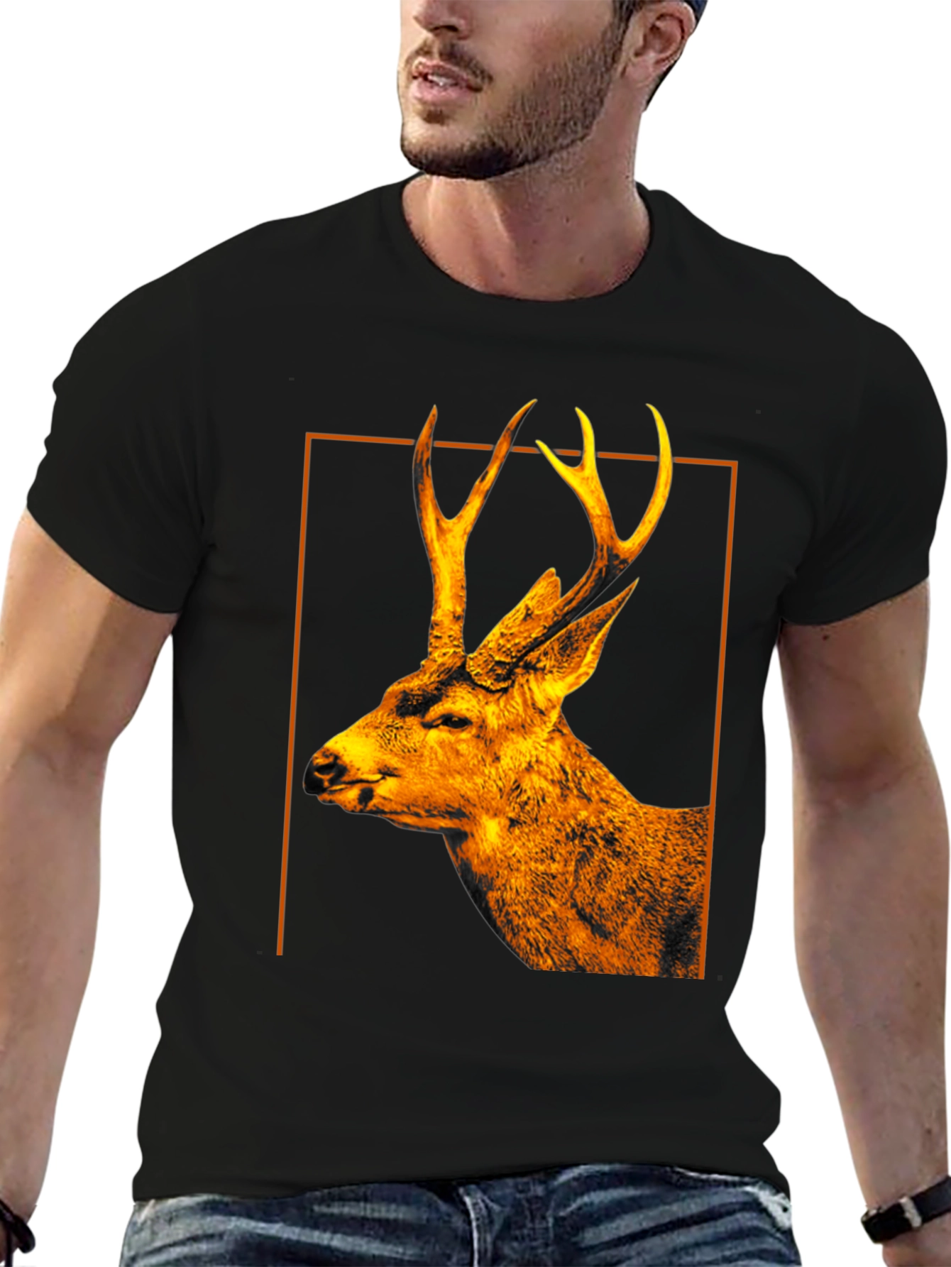 Deer Graphic Print Black Crew Neck T-Shirt