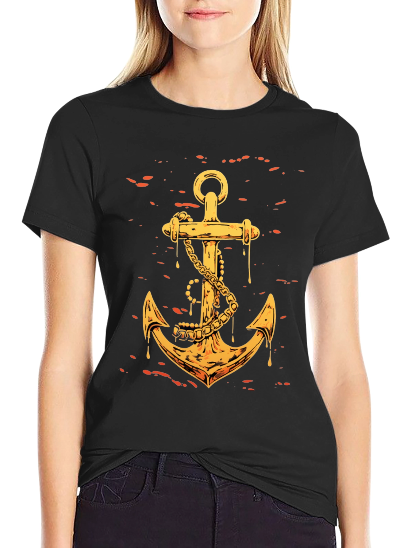 Golden Anchor Graphic Tee - Black Casual Shirt