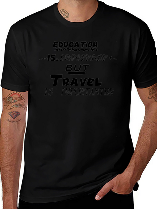 Education vs. Travel Graphic Tee - Black Cotton T-Shirt