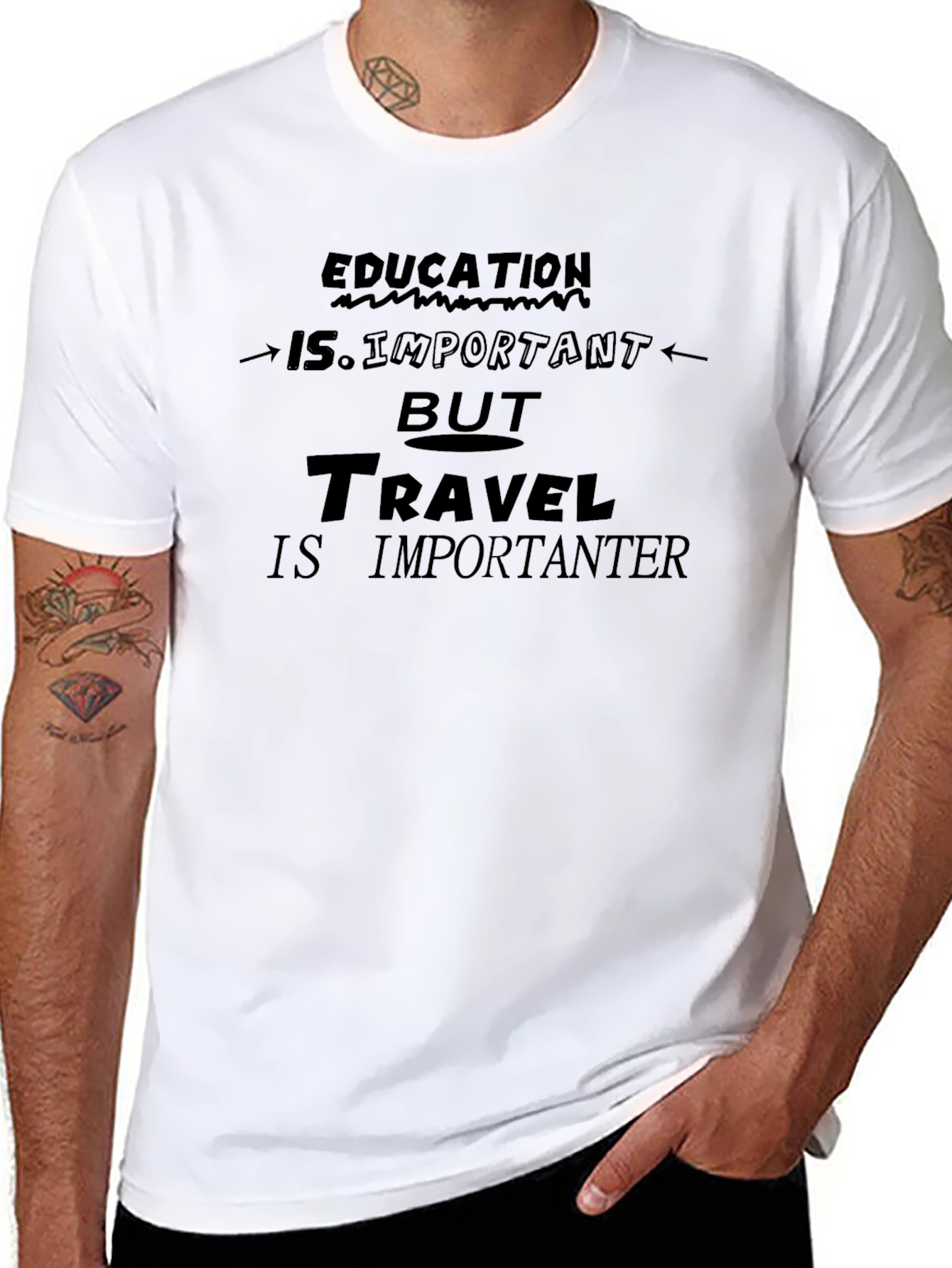 Education vs. Travel Graphic Tee - Black Cotton T-Shirt