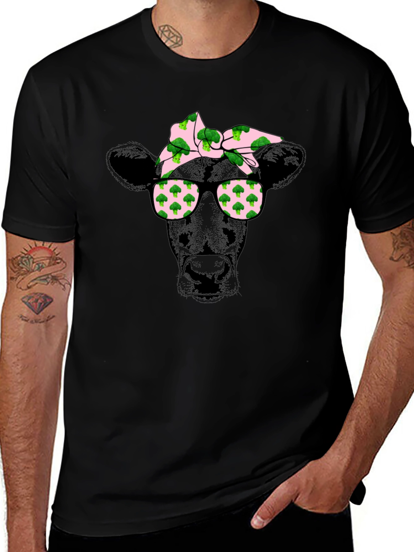 Cow with Broccoli Bandana Graphic T-Shirt