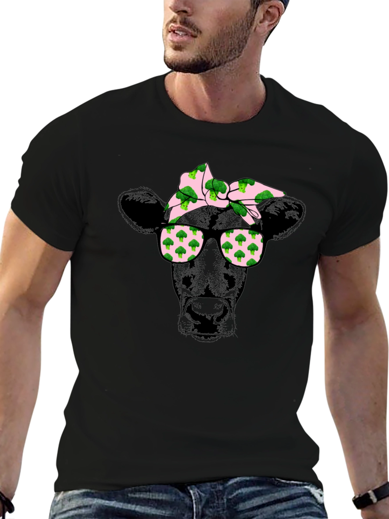 Cow with Broccoli Bandana Graphic T-Shirt