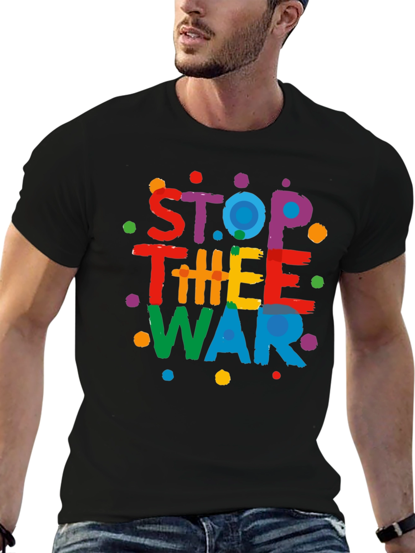 Stop The War Graphic Print Black T-Shirt