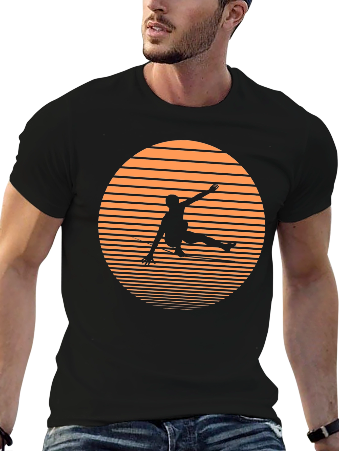Retro Sunset Skateboarder Black T-Shirt