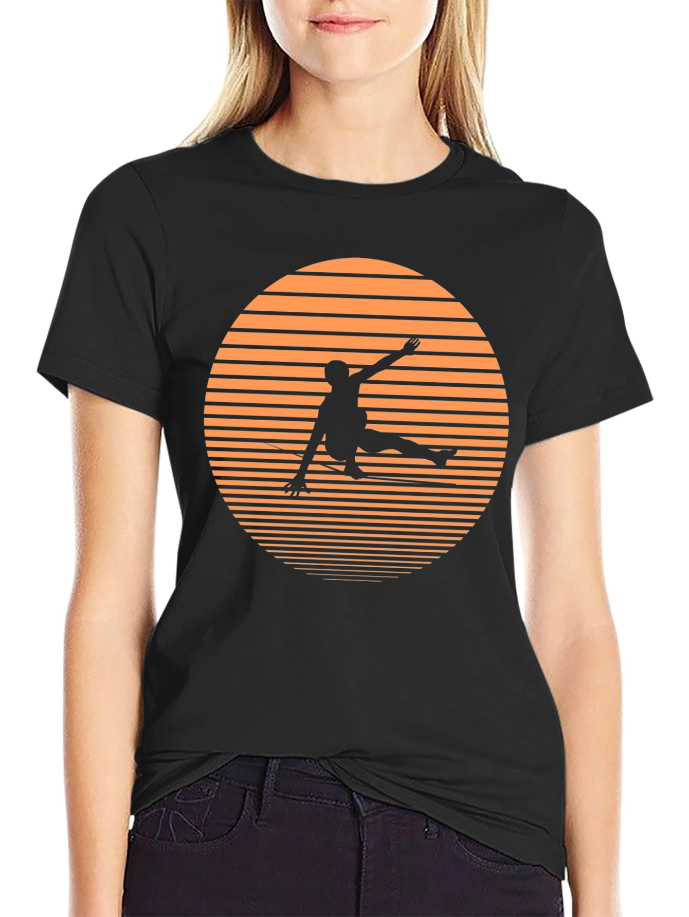 Retro Sunset Skateboarder Black T-Shirt