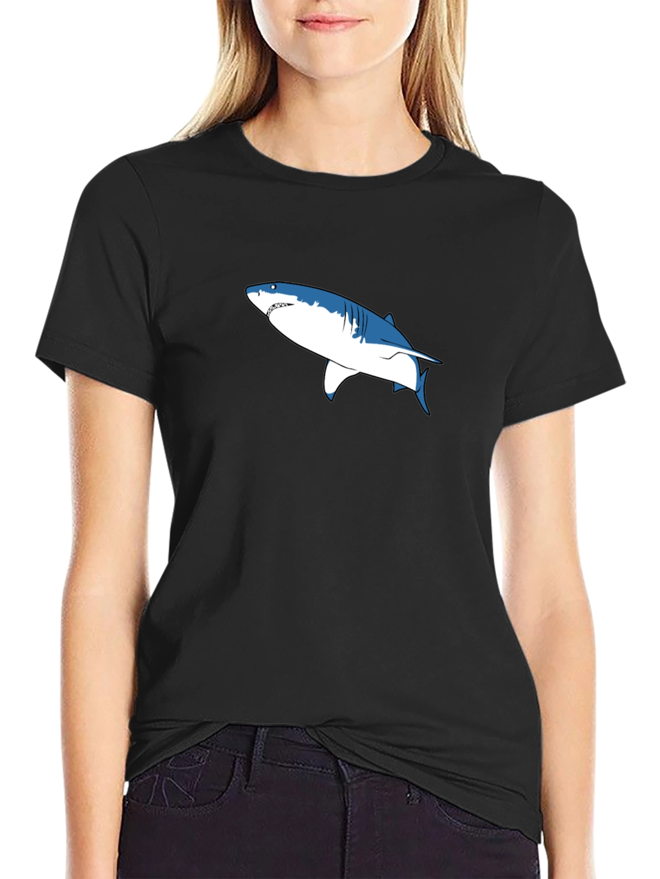 Shark Graphic Print Black Cotton Tee