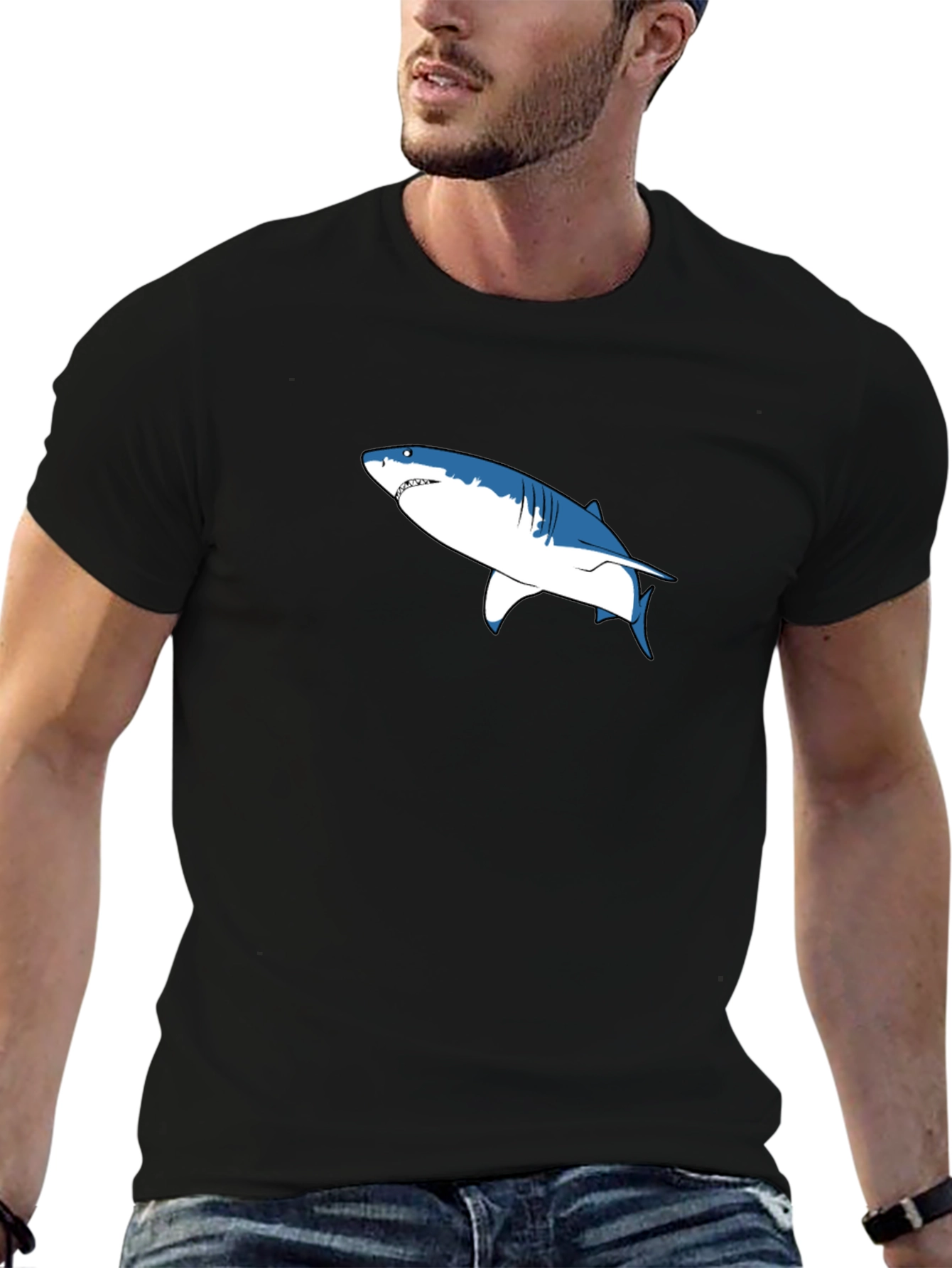 Shark Graphic Print Black Cotton Tee
