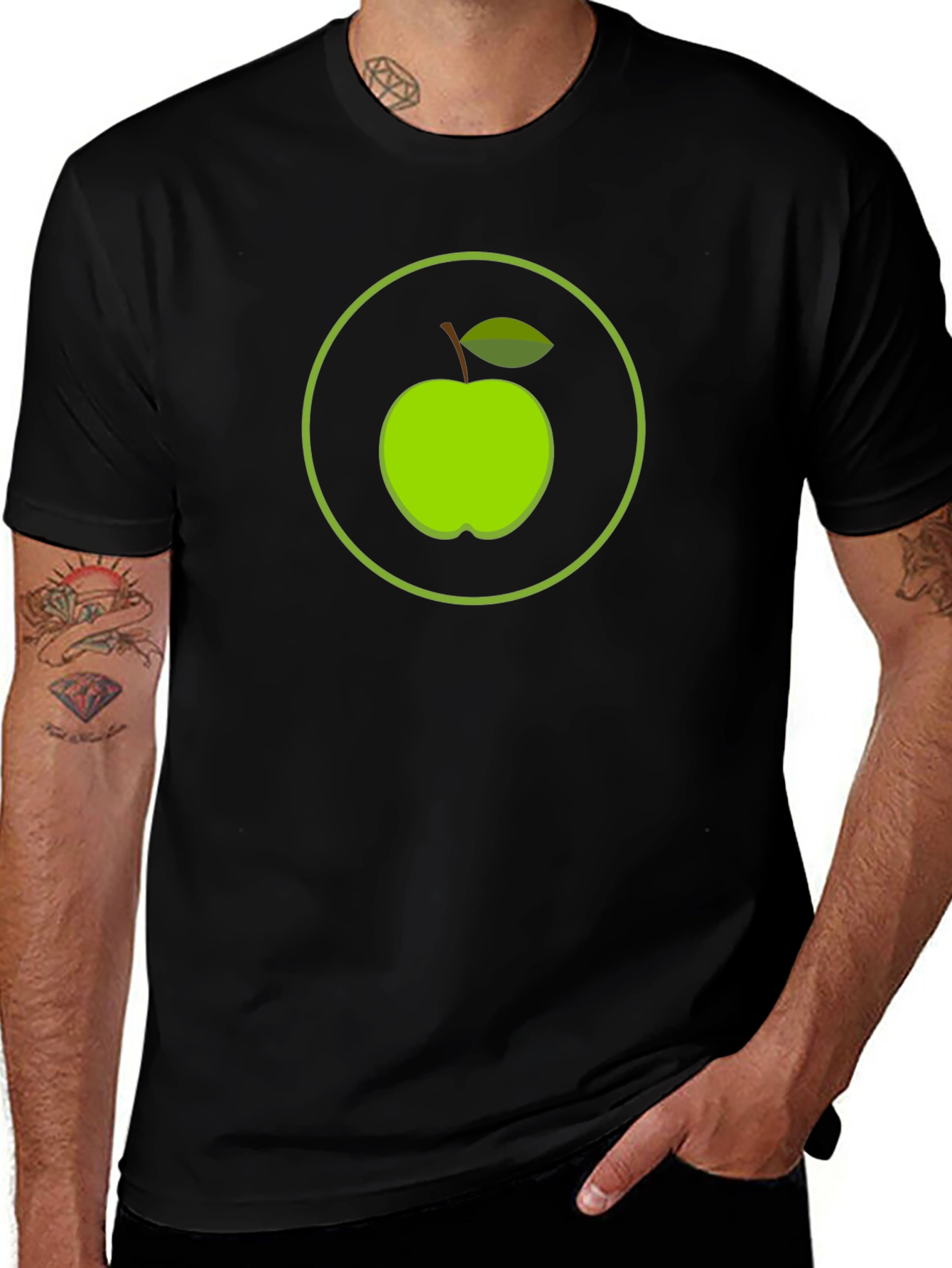 Green Apple Circle Graphic Black T-Shirt