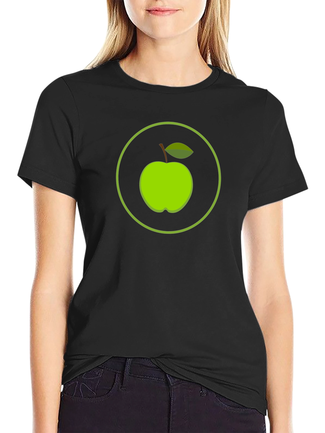 Green Apple Circle Graphic Black T-Shirt
