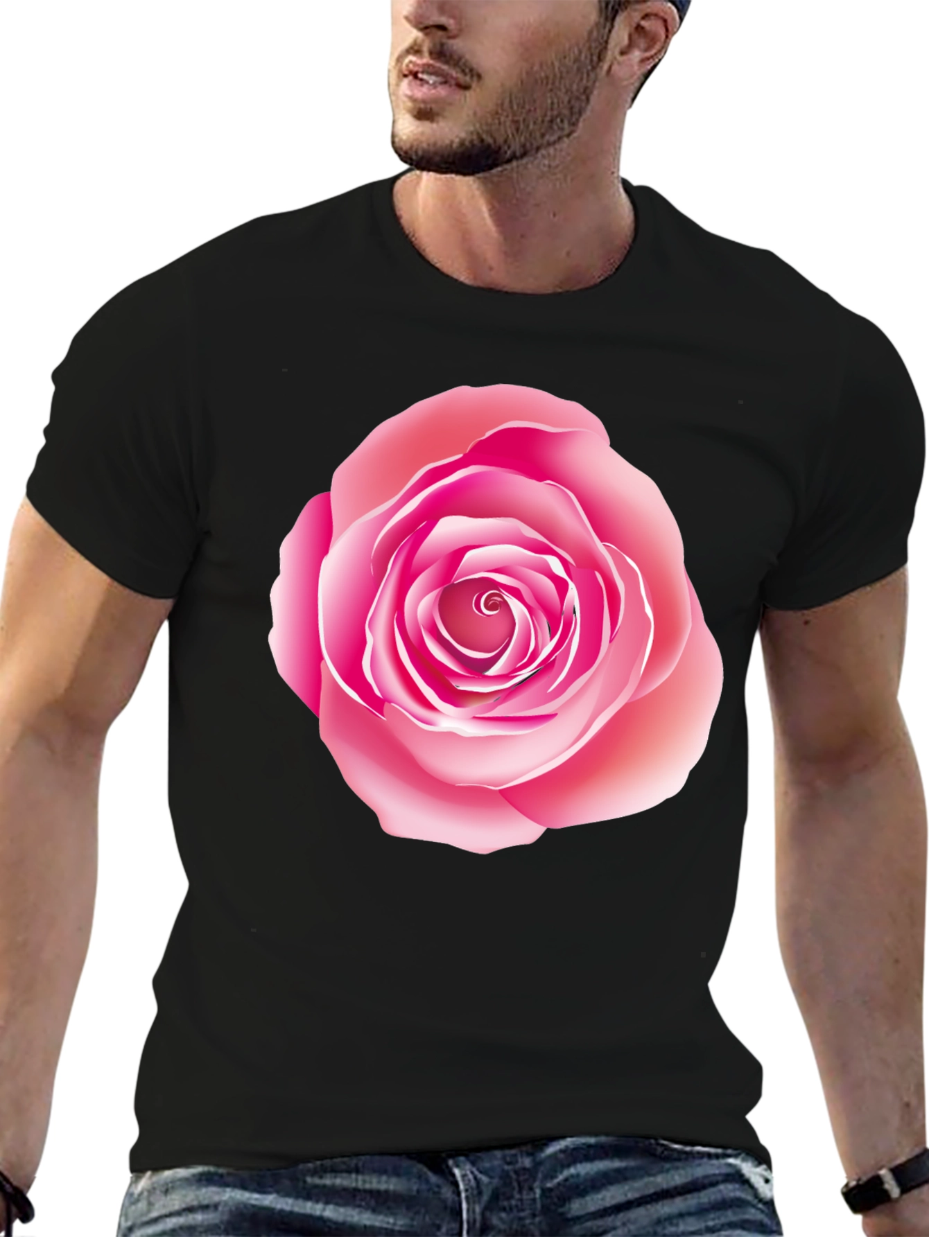 Pink Rose Graphic Print Black T-Shirt