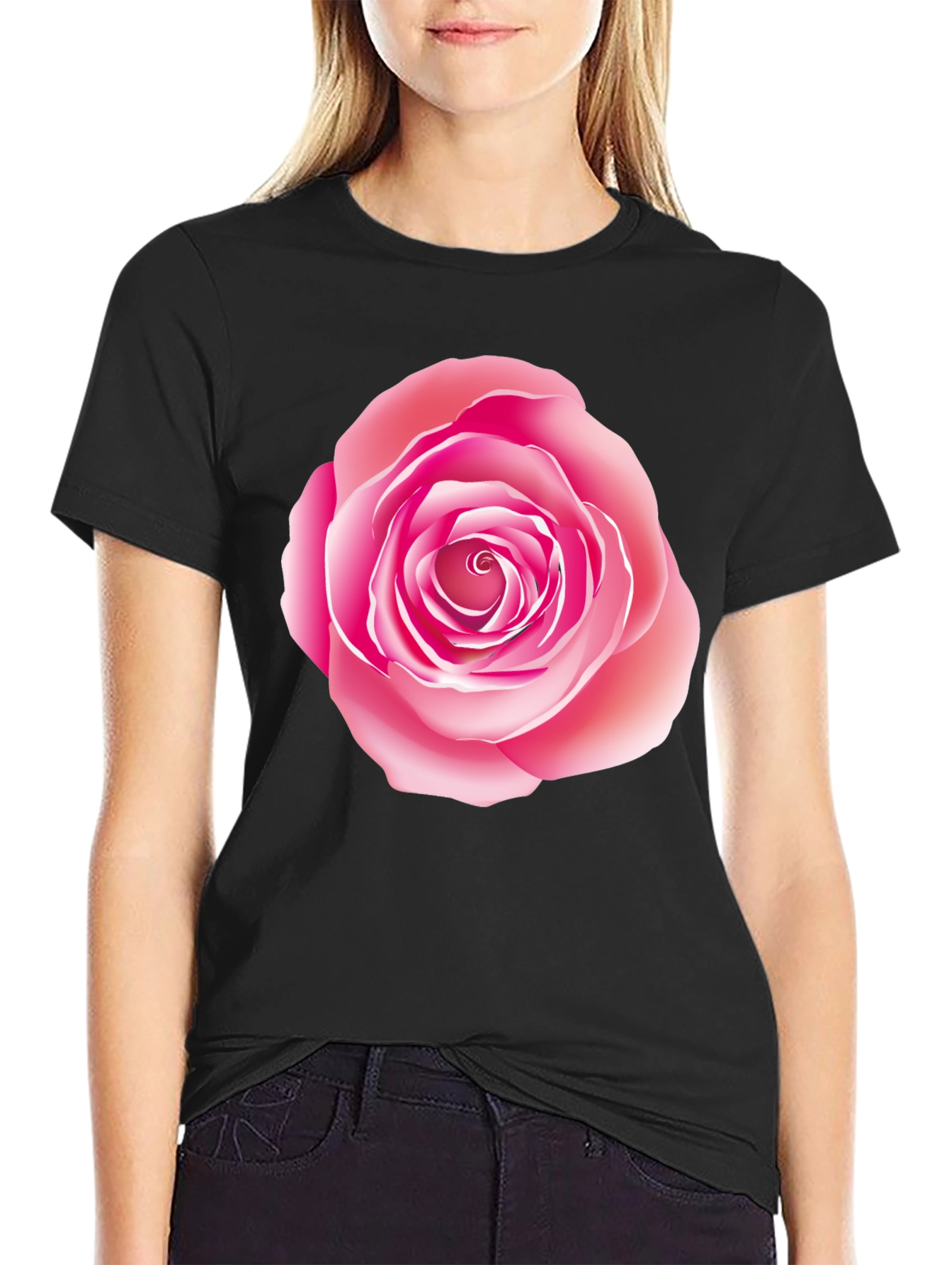 Pink Rose Graphic Print Black T-Shirt