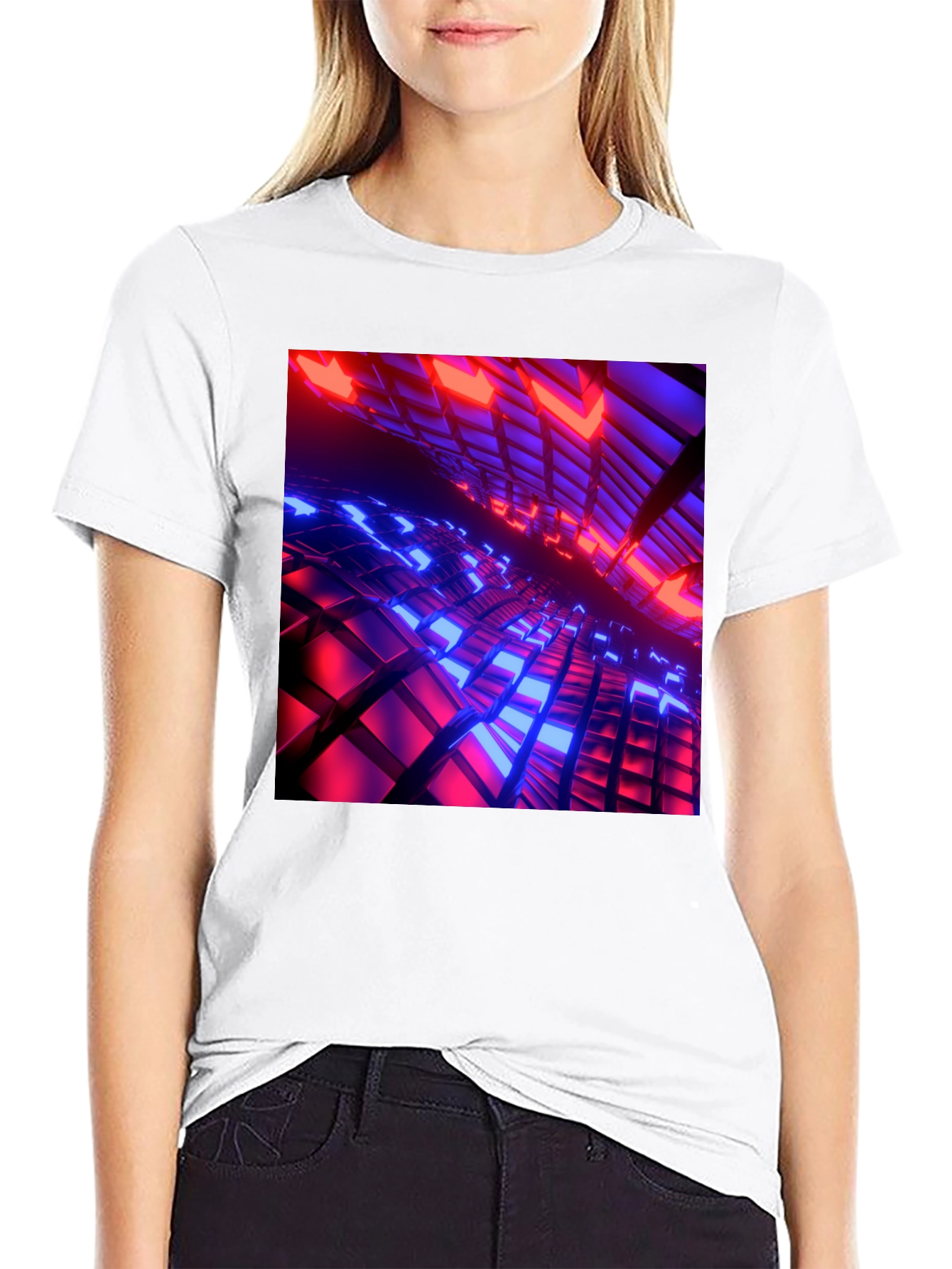 Cyber Grid T-Shirt: Red & Blue 3D Block Design