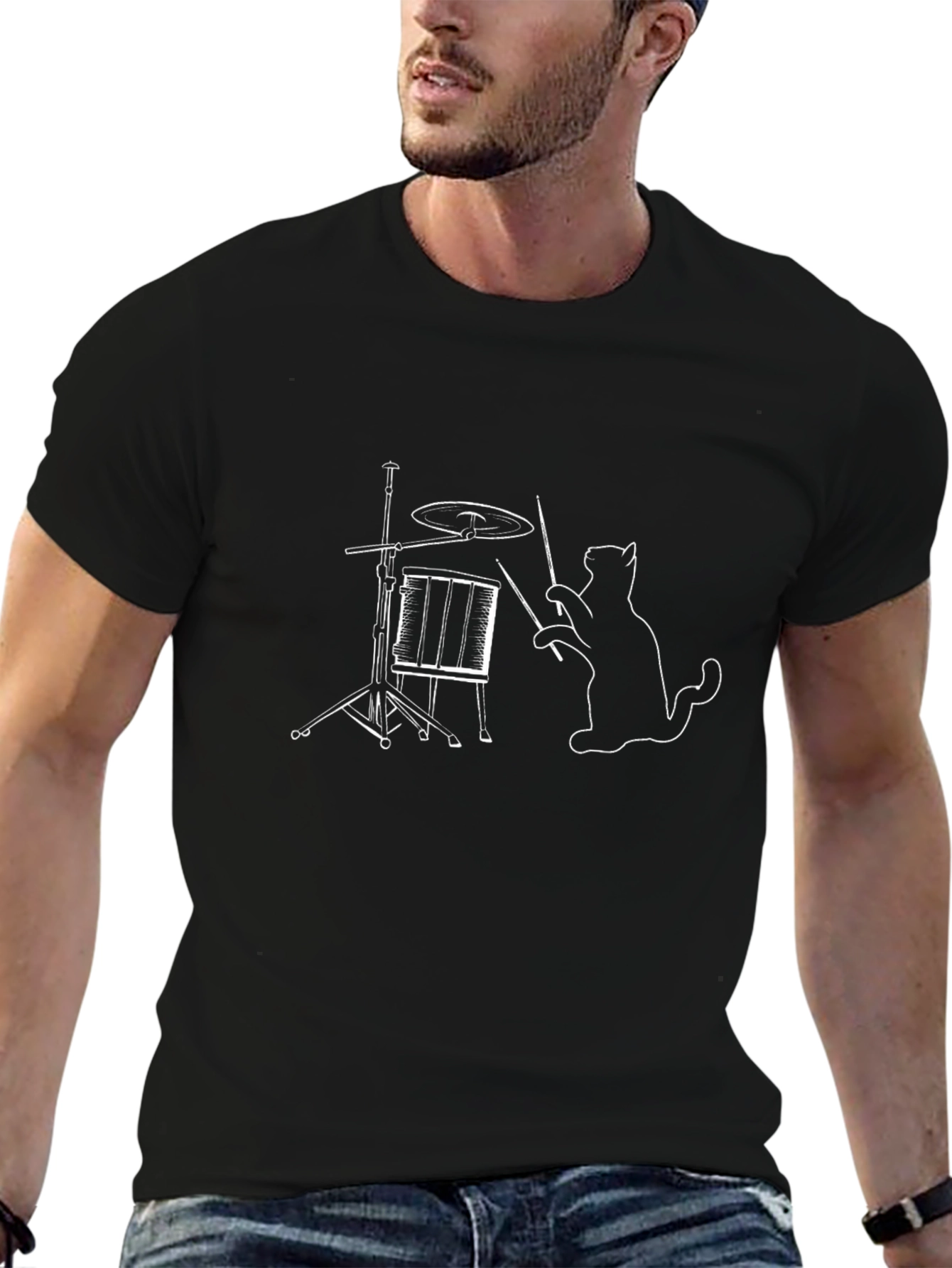 Drumming Cat T-Shirt - Black Cotton Tee