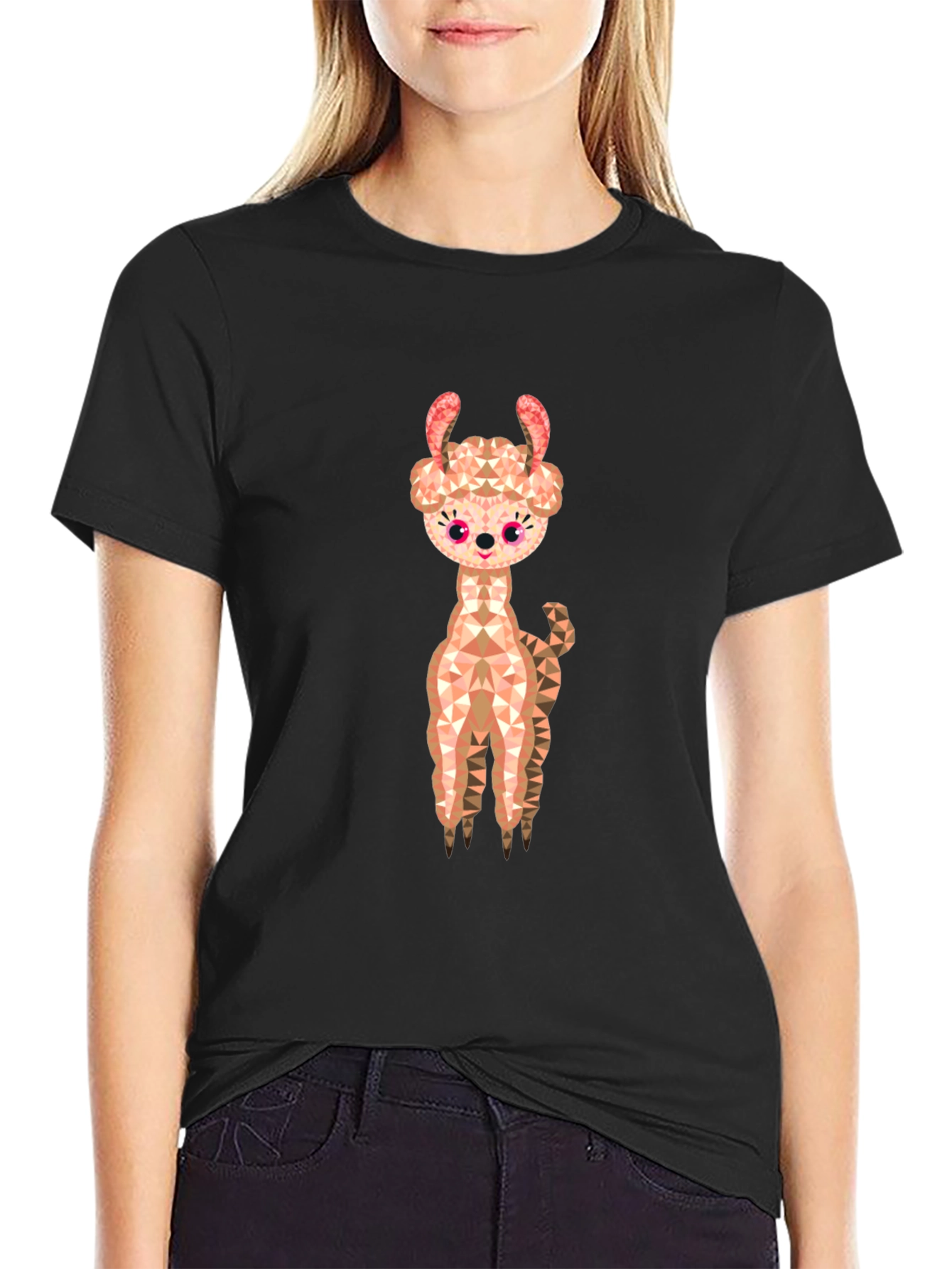 Geometric Llama Graphic Tee - Black Cotton Blend