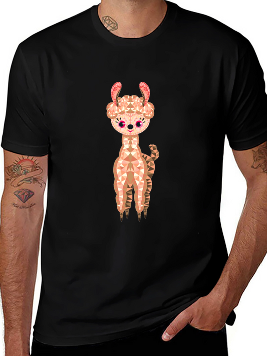 Geometric Llama Graphic Tee - Black Cotton Blend