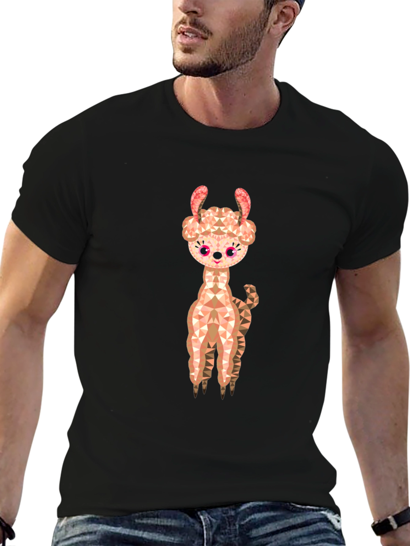 Geometric Llama Graphic Tee - Black Cotton Blend