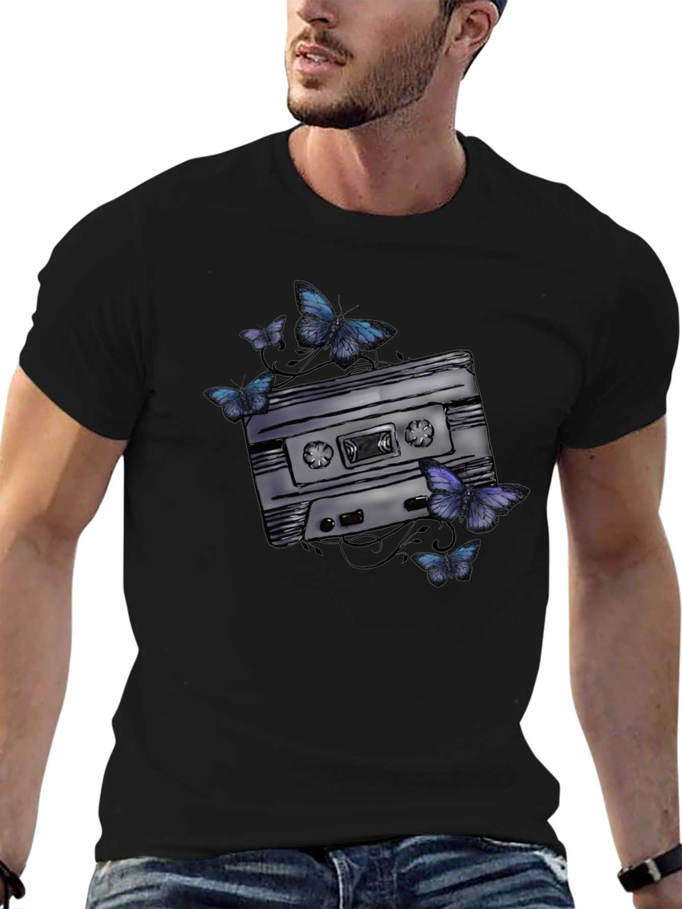 Retro Cassette Tape & Butterfly Graphic T-Shirt