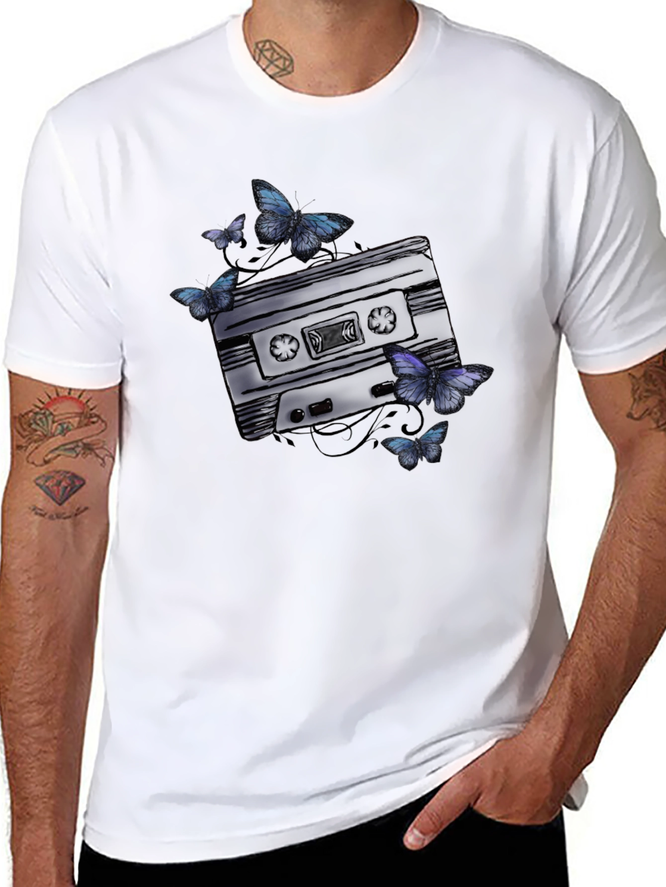 Retro Cassette Tape & Butterfly Graphic T-Shirt