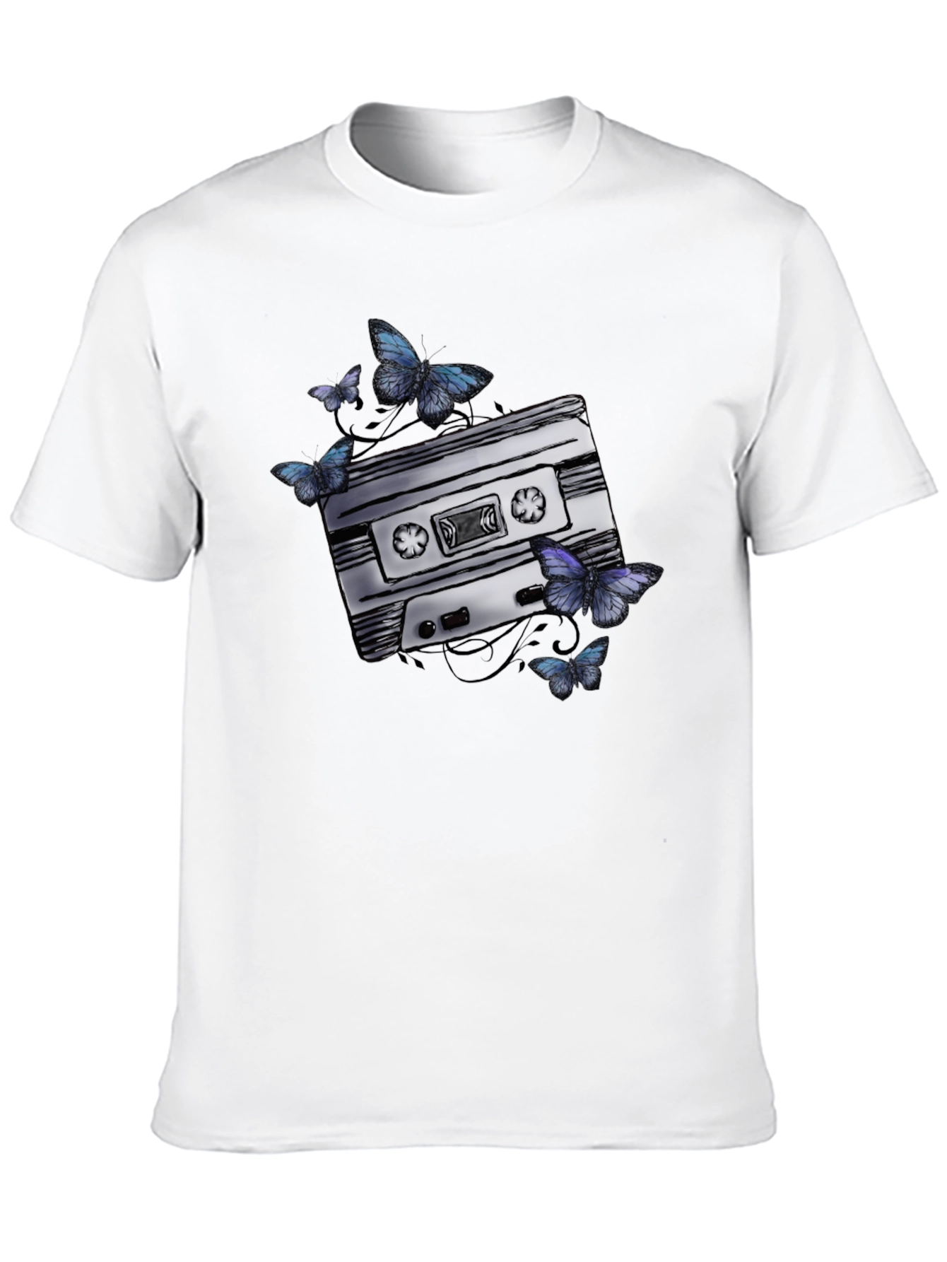 Retro Cassette Tape & Butterfly Graphic T-Shirt