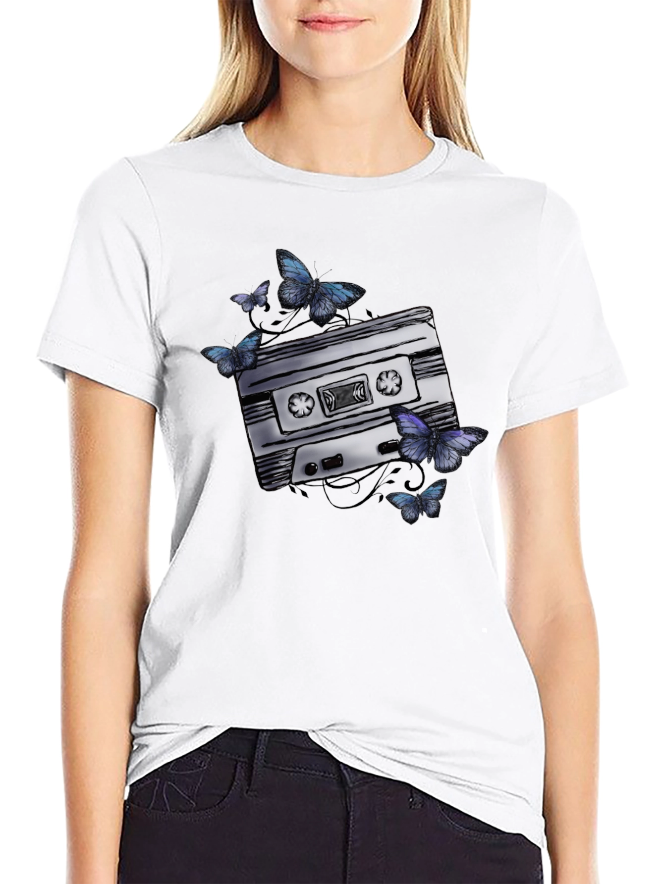 Retro Cassette Tape & Butterfly Graphic T-Shirt