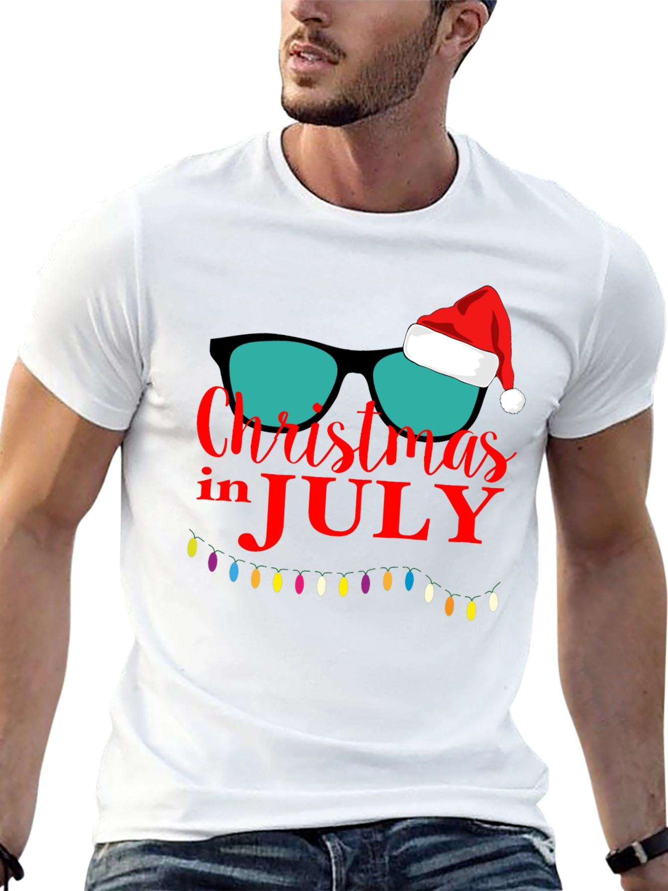 Christmas in July T-Shirt Santa Sunglasses Xmas Lights Tee