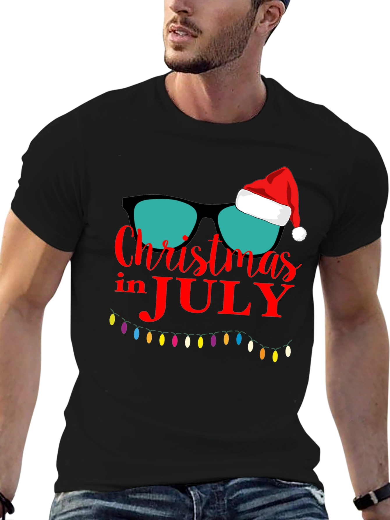 Christmas in July T-Shirt Santa Sunglasses Xmas Lights Tee