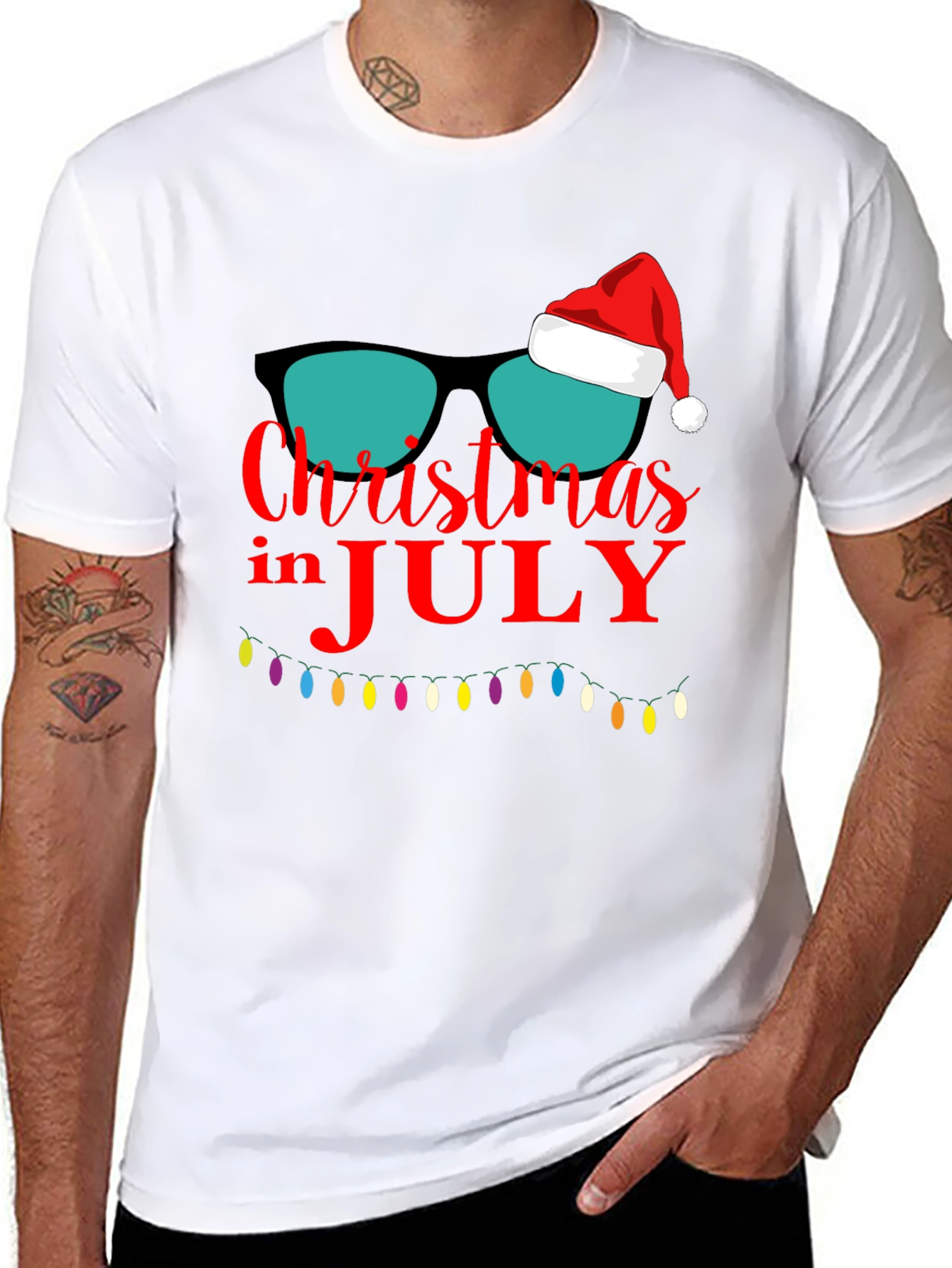 Christmas in July T-Shirt Santa Sunglasses Xmas Lights Tee