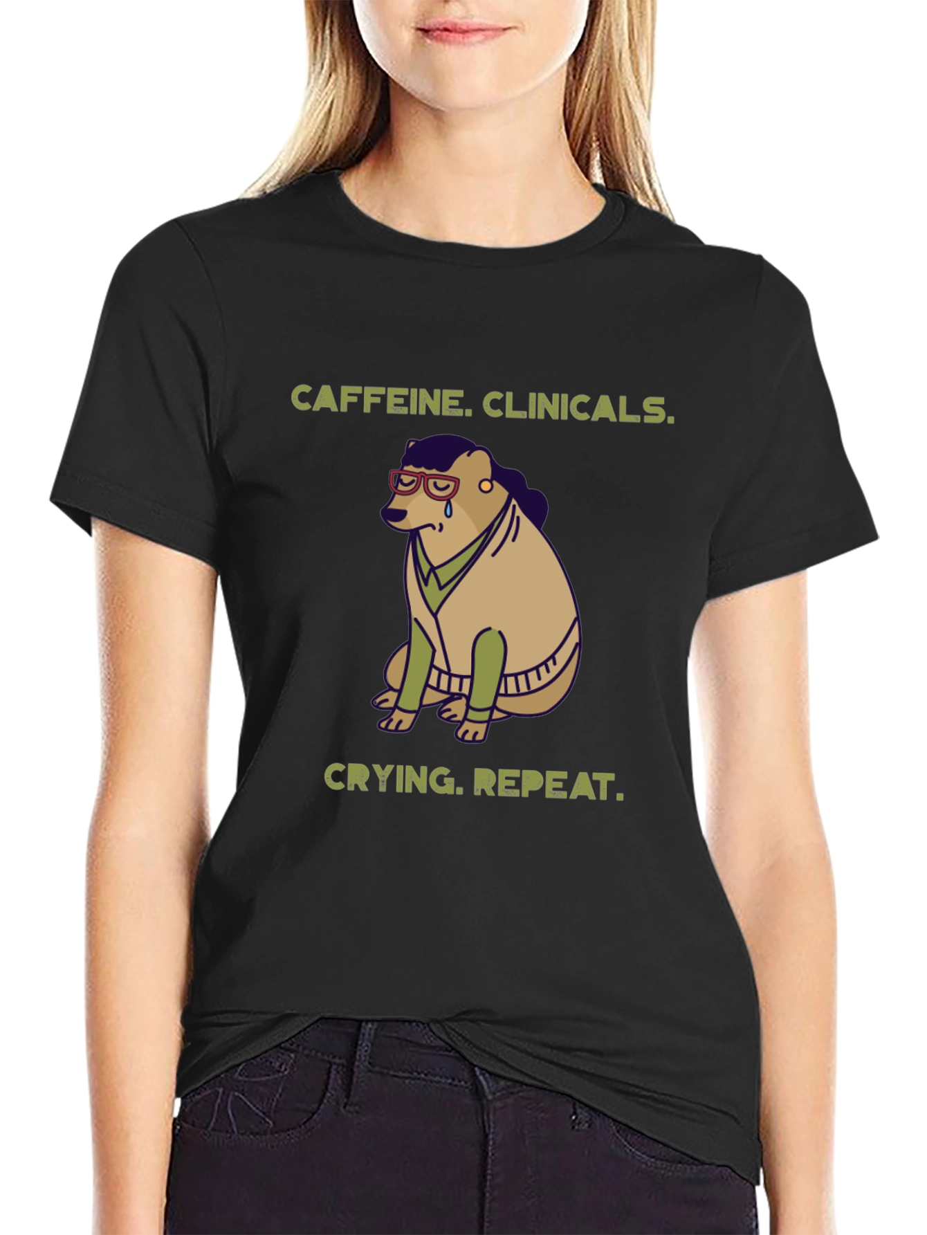 Caffeine Clinicals Crying Repeat Black Graphic T-Shirt